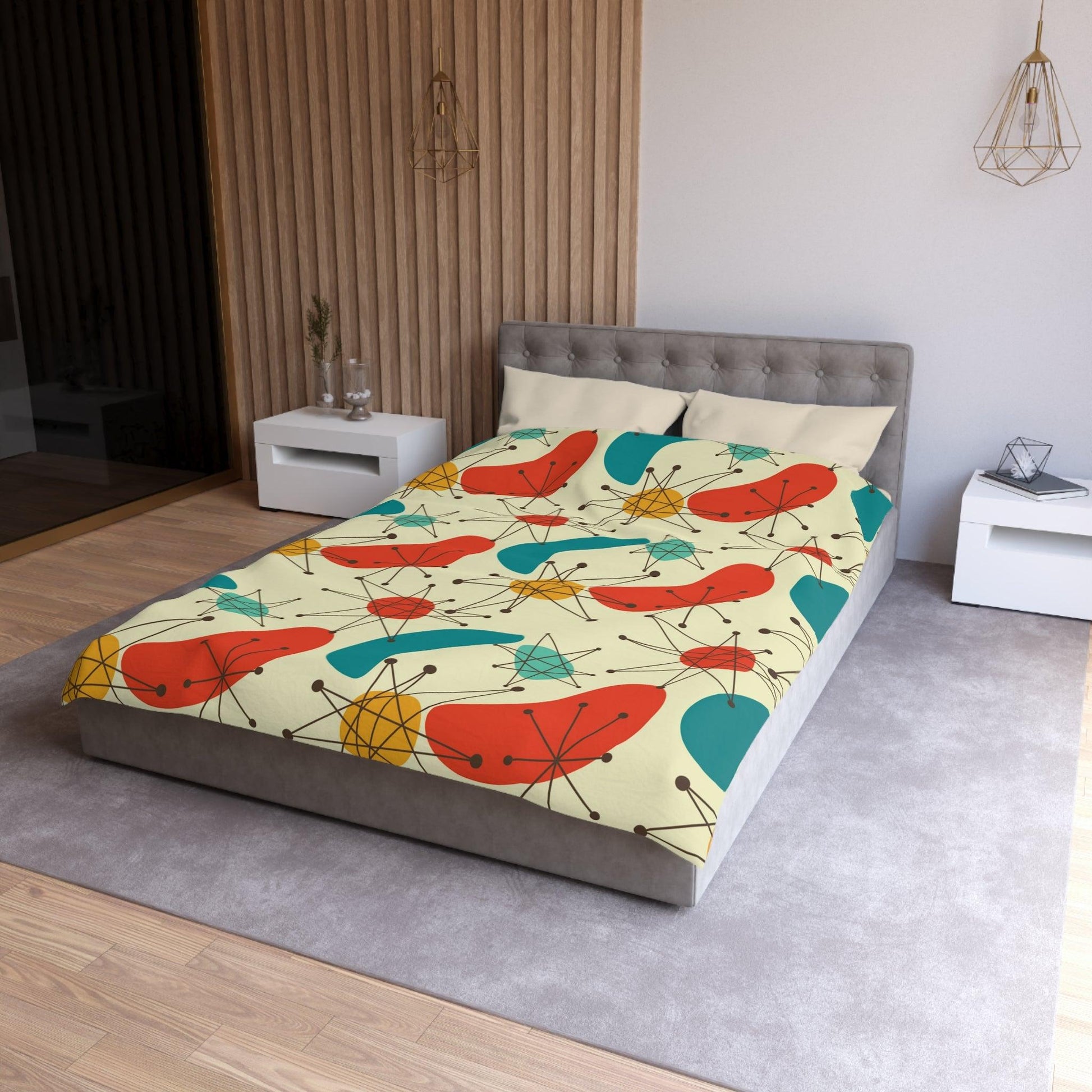 Retro Atomic Boomerang 50s 60s Blue & Orange Mid Century Modern Duvet Cover | lovevisionkarma.com
