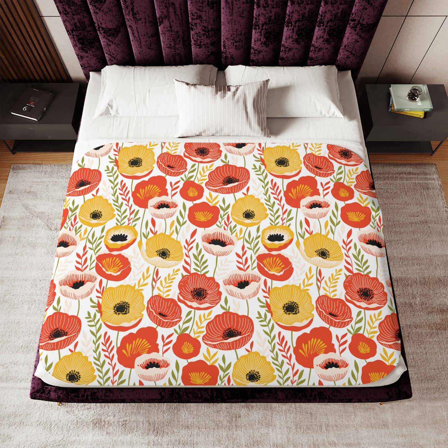 Retro 60's Mid Century Mod Poppies Floral Cottagecore Yellow, Orange & Green Sherpa Blanket