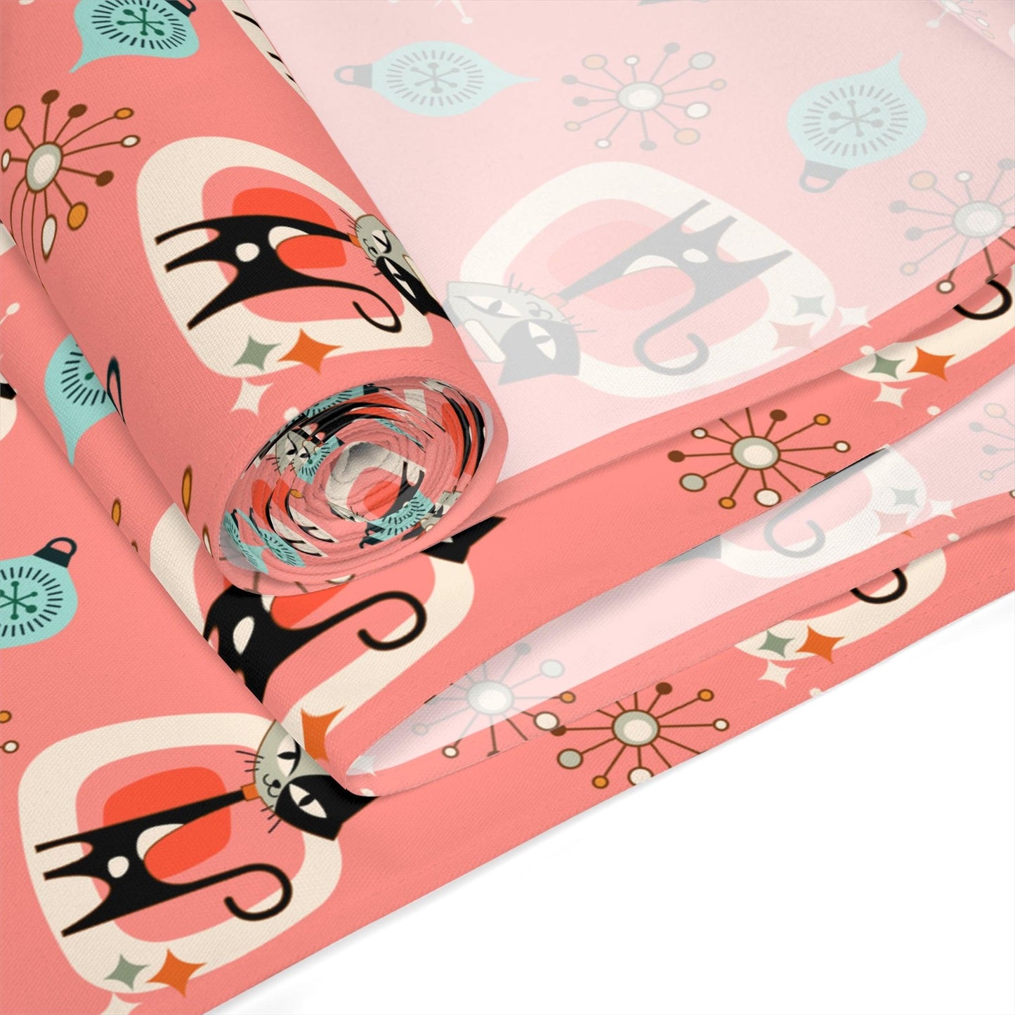 Retro Atomic 1950s Christmas Cats Mid Century Coral Pink Christmas Table Runner | lovevisionkarma.com