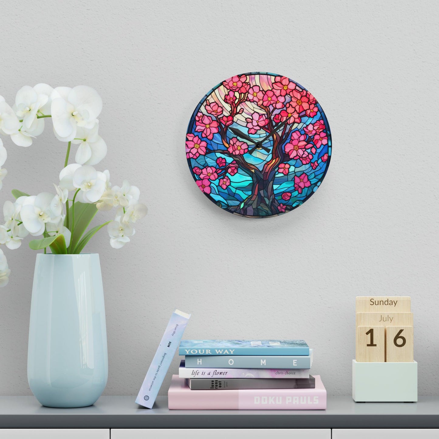 Cherry Blossom Tree Stained Glass Inspired, Sakura Pink & Blue Acrylic Wall Clock | lovevisionkarma.com