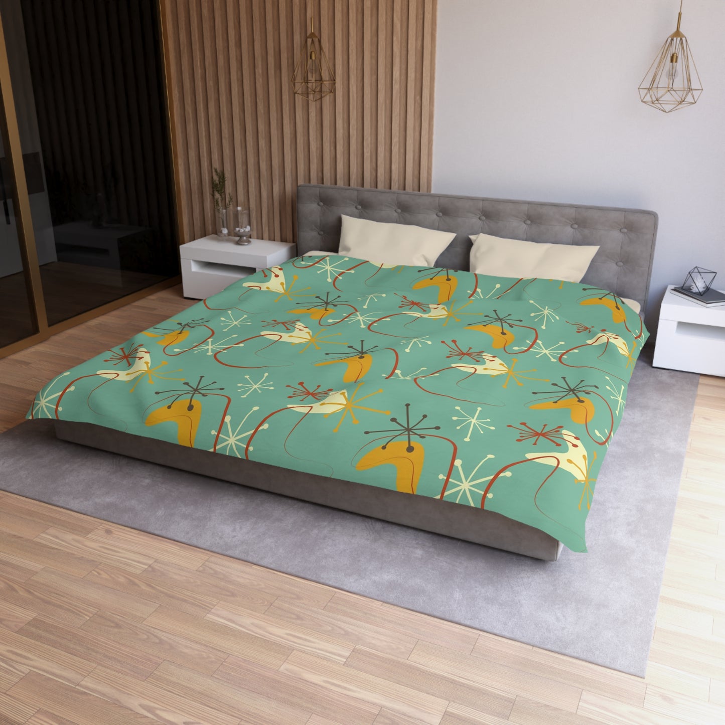 Retro Atomic Starburst & Boomerang Mid Century Blue & Mustard Duvet Cover