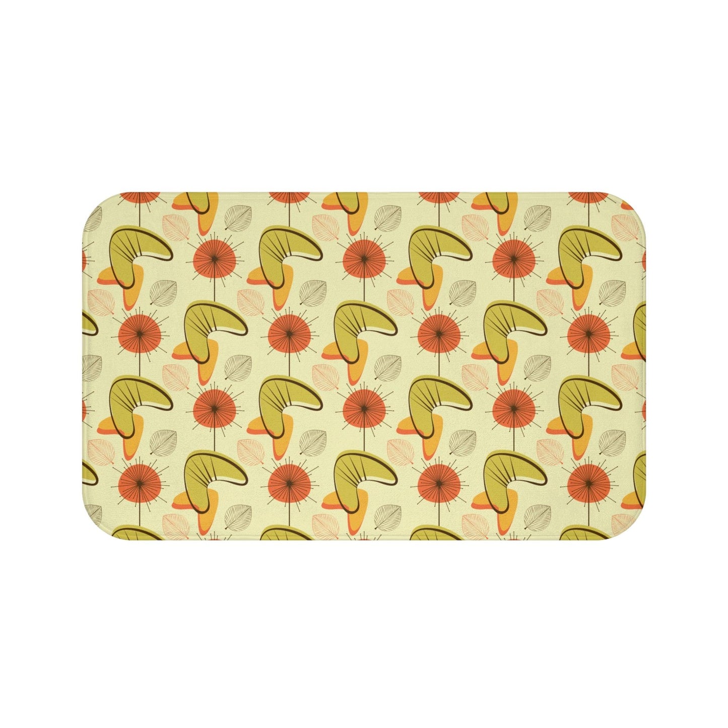 Retro Atomic Boomerangs & Leaves MCM Orange, Green & Yellow Bath Mat | lovevisionkarma.com