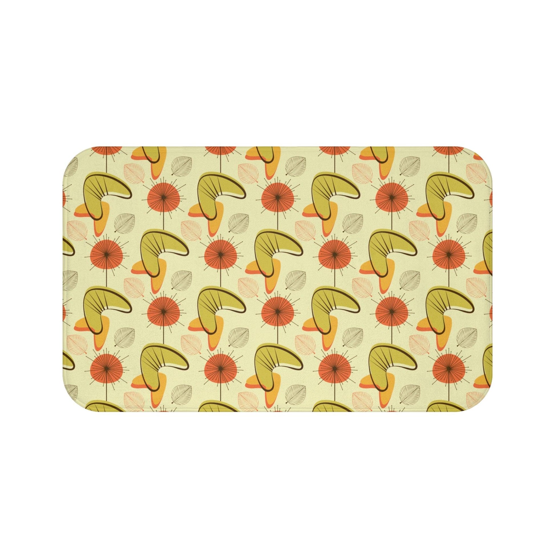 Retro Atomic Boomerangs & Leaves MCM Orange, Green & Yellow Bath Mat | lovevisionkarma.com