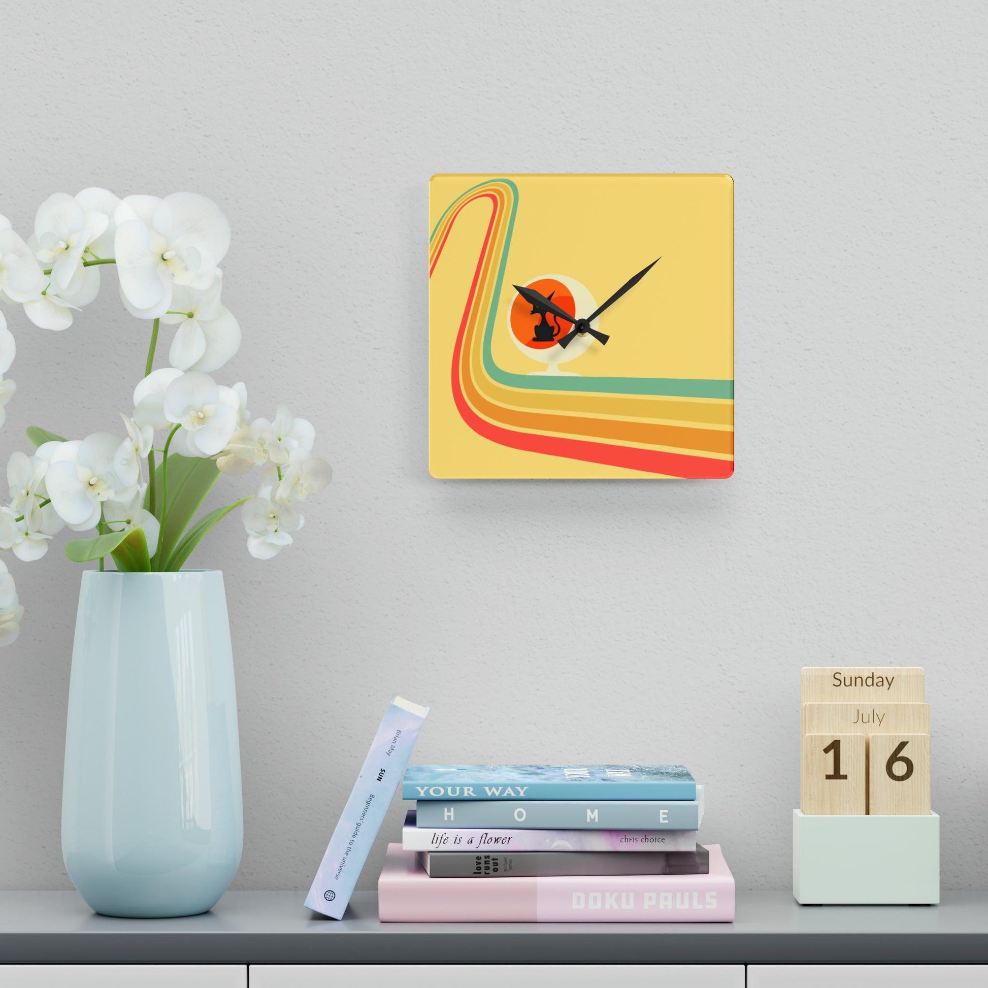 Retro Atomic Cat in Ball Chair, Yellow Mid Century Mod Acrylic Wall Clock | lovevisionkarma.com