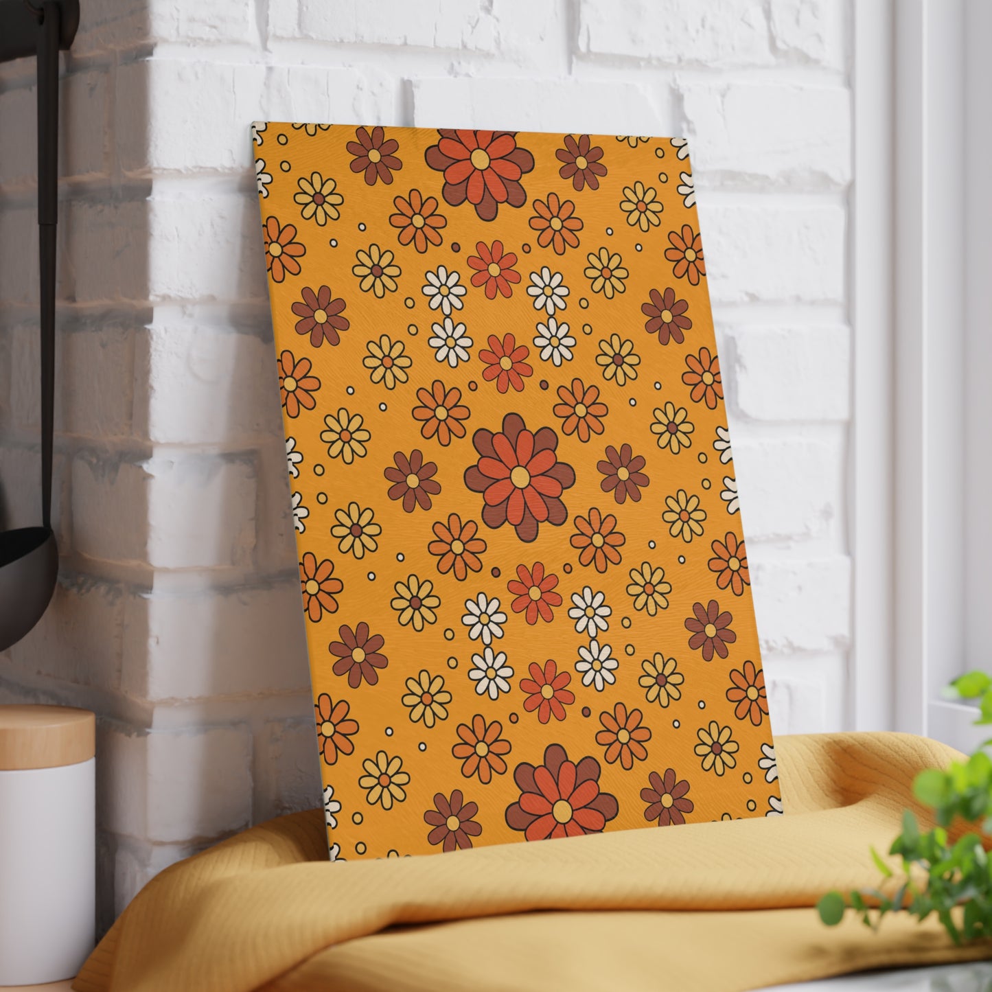 Retro 60s 70s Groovy Mod Daisy Floral Mid Century Orange & Brown Glass Cutting Board