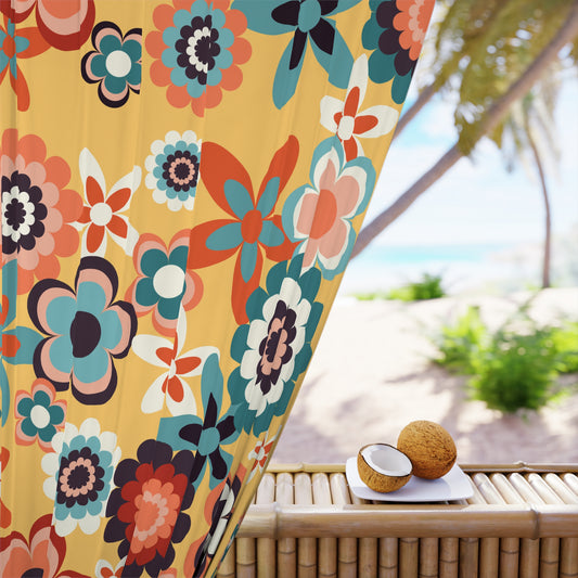 Retro 60s 70s Groovy Flowers Boho Mid Century Mod Yellow, Coral & Blue Blackout Window Curtain