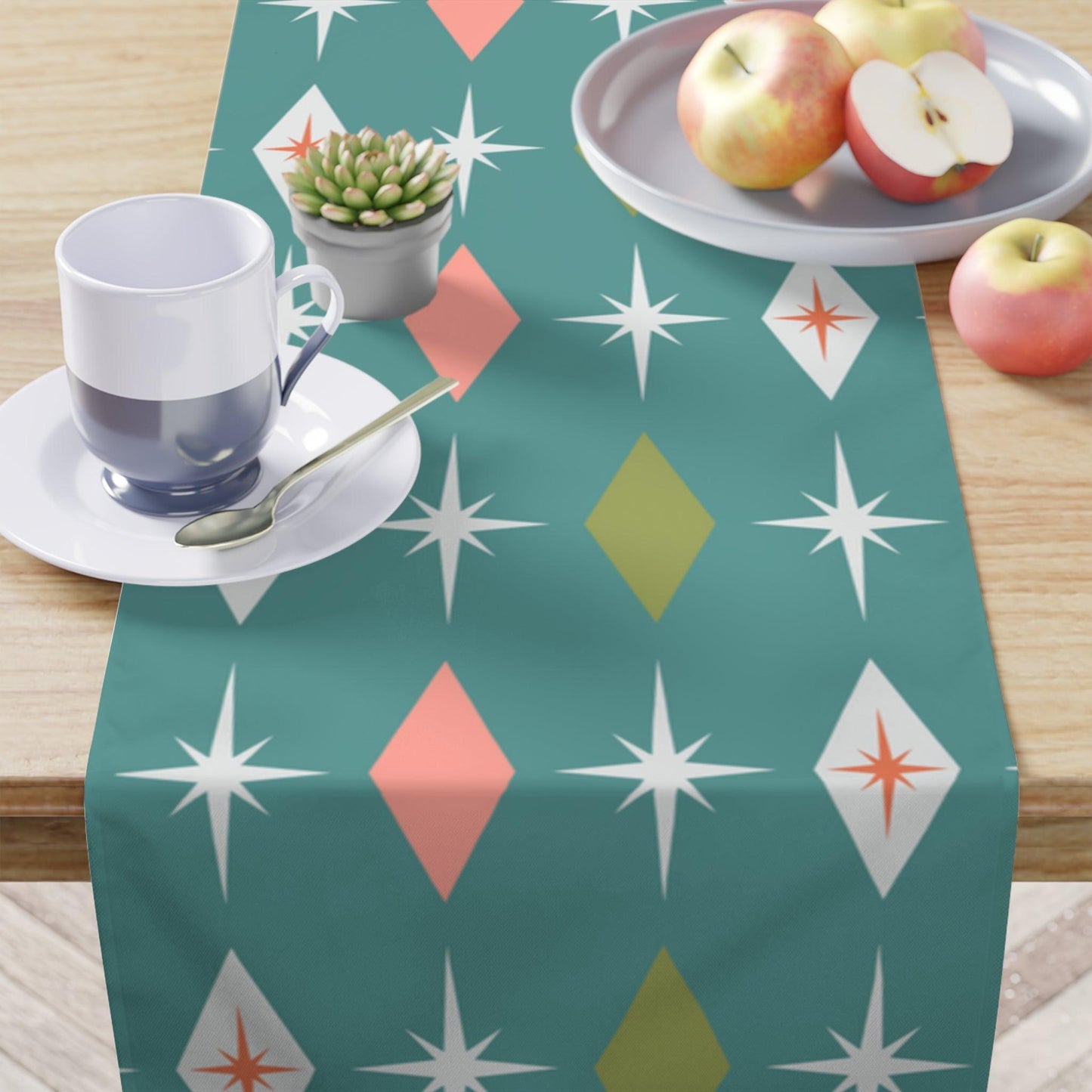 Retro Atomic Bursts & Diamonds MCM Teal, Pink & Green Table Runner | lovevisionkarma.com