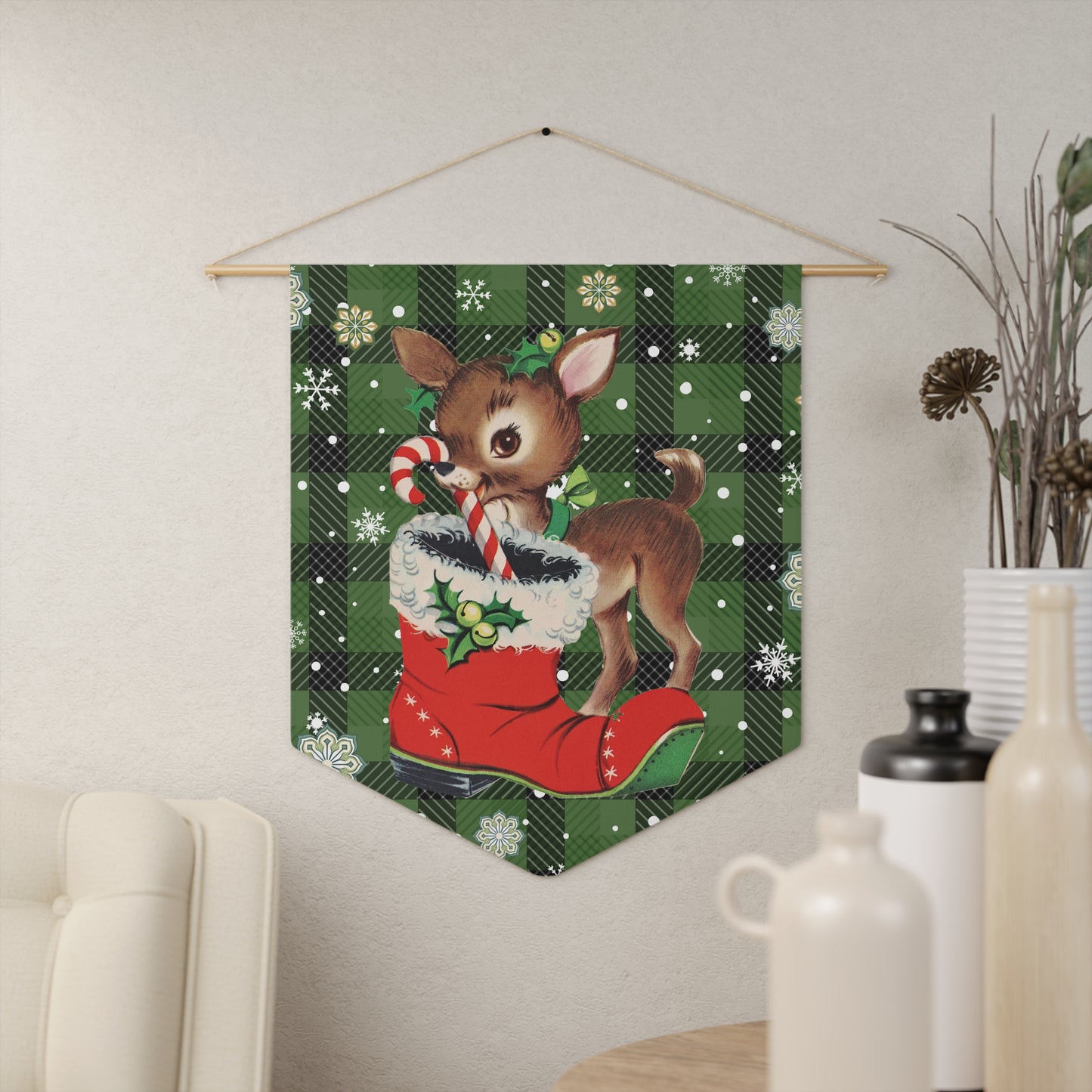 Retro 50s Christmas Vintage Reindeer MCM Green Wall Pennant