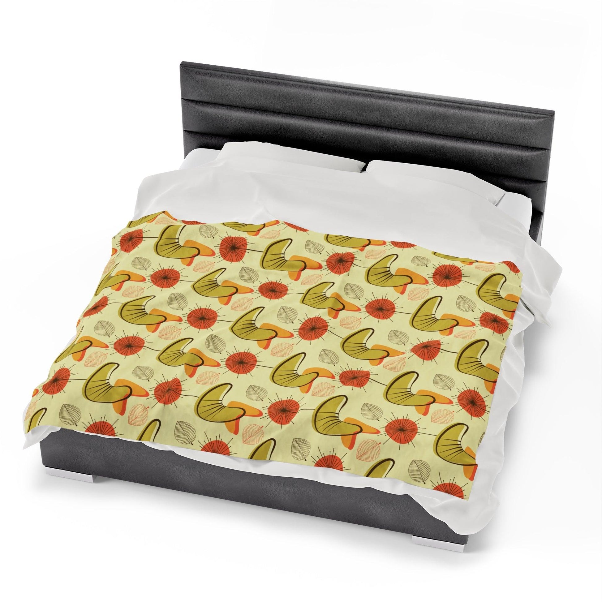 Retro Atomic Boomerangs & Leaves MCM Orange, Green & Yellow Lightweight Velveteen Blanket | lovevisionkarma.com