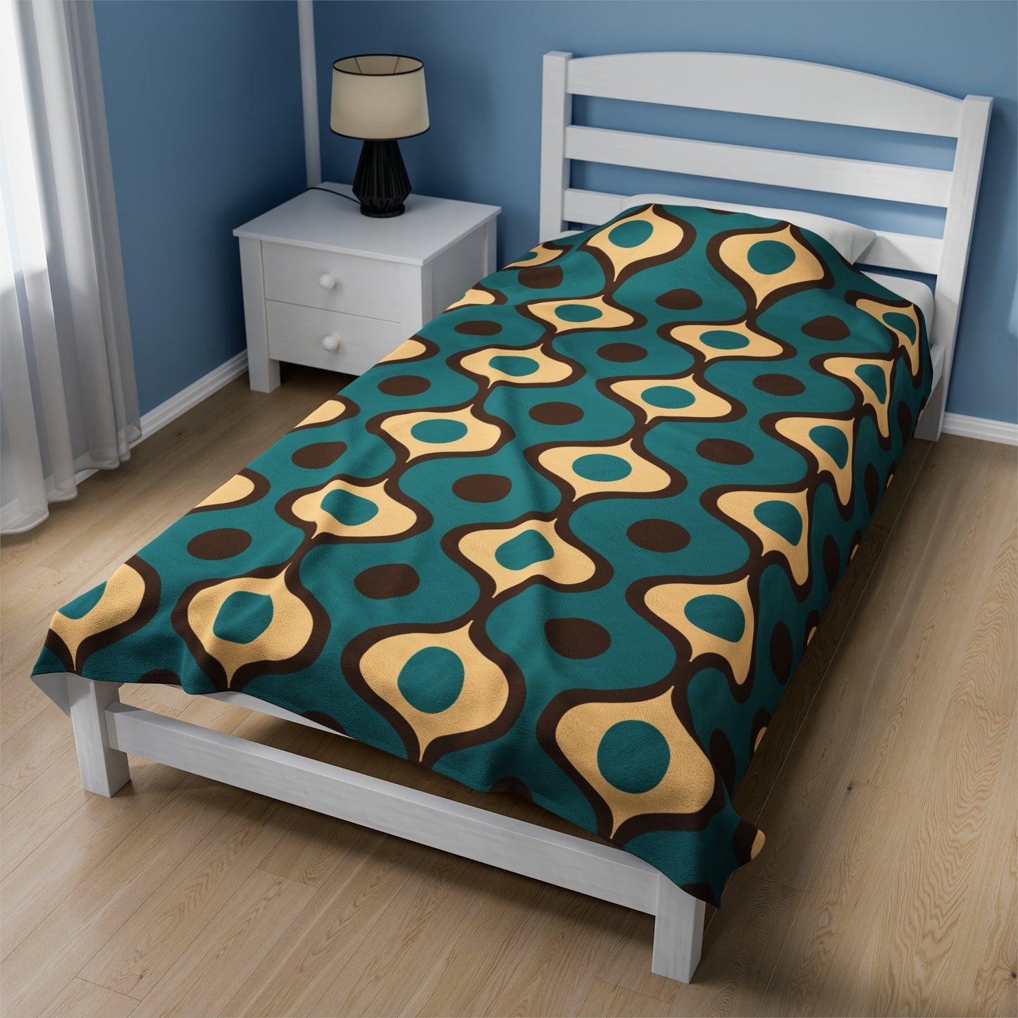 Retro 60s 70s Mid Century Mod Funky Geo Blue, Cream & Brown Lightweight Velveteen Blanket