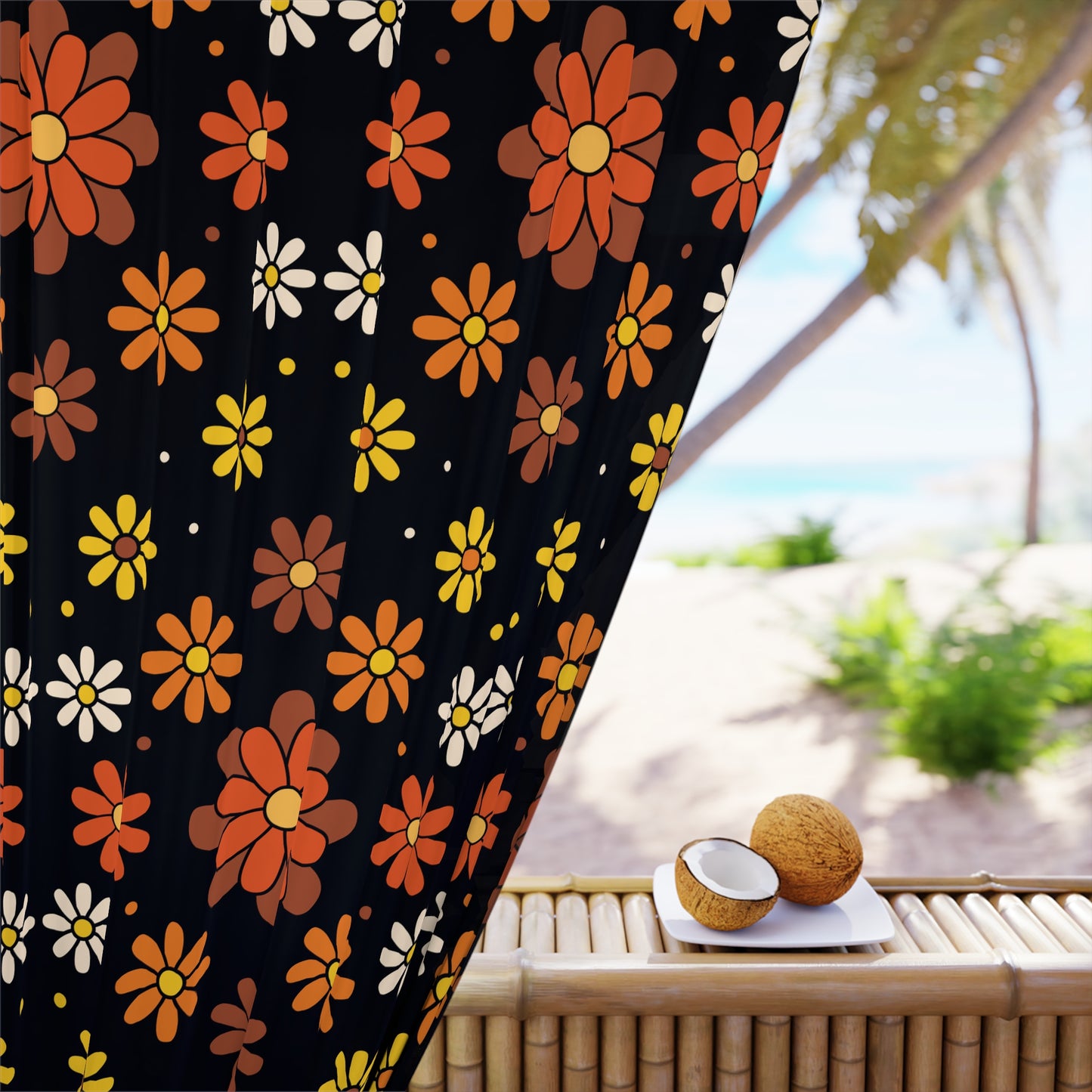 Retro 60s 70s Groovy Mod Daisy Floral Mid Century Black, Brown & Orange Blackout Window Curtain