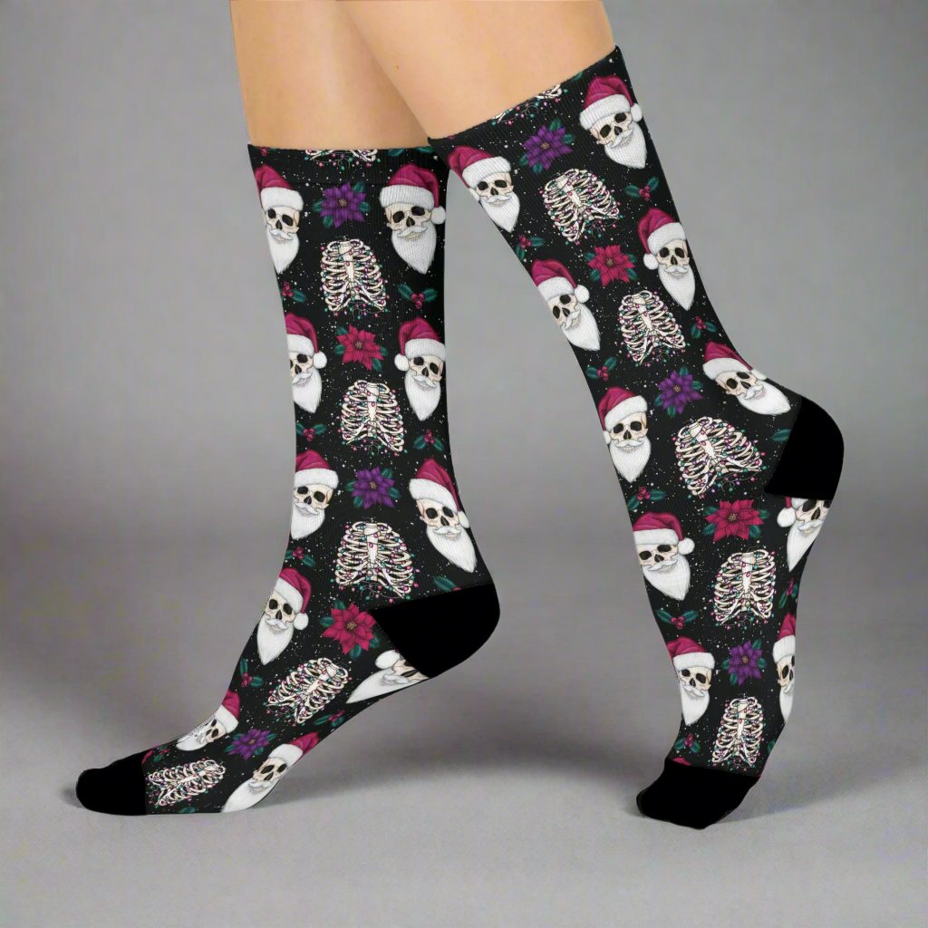 Skull Santa Goth Christmas Creepy Scary Black Creepmas Holiday Cushioned Crew Socks