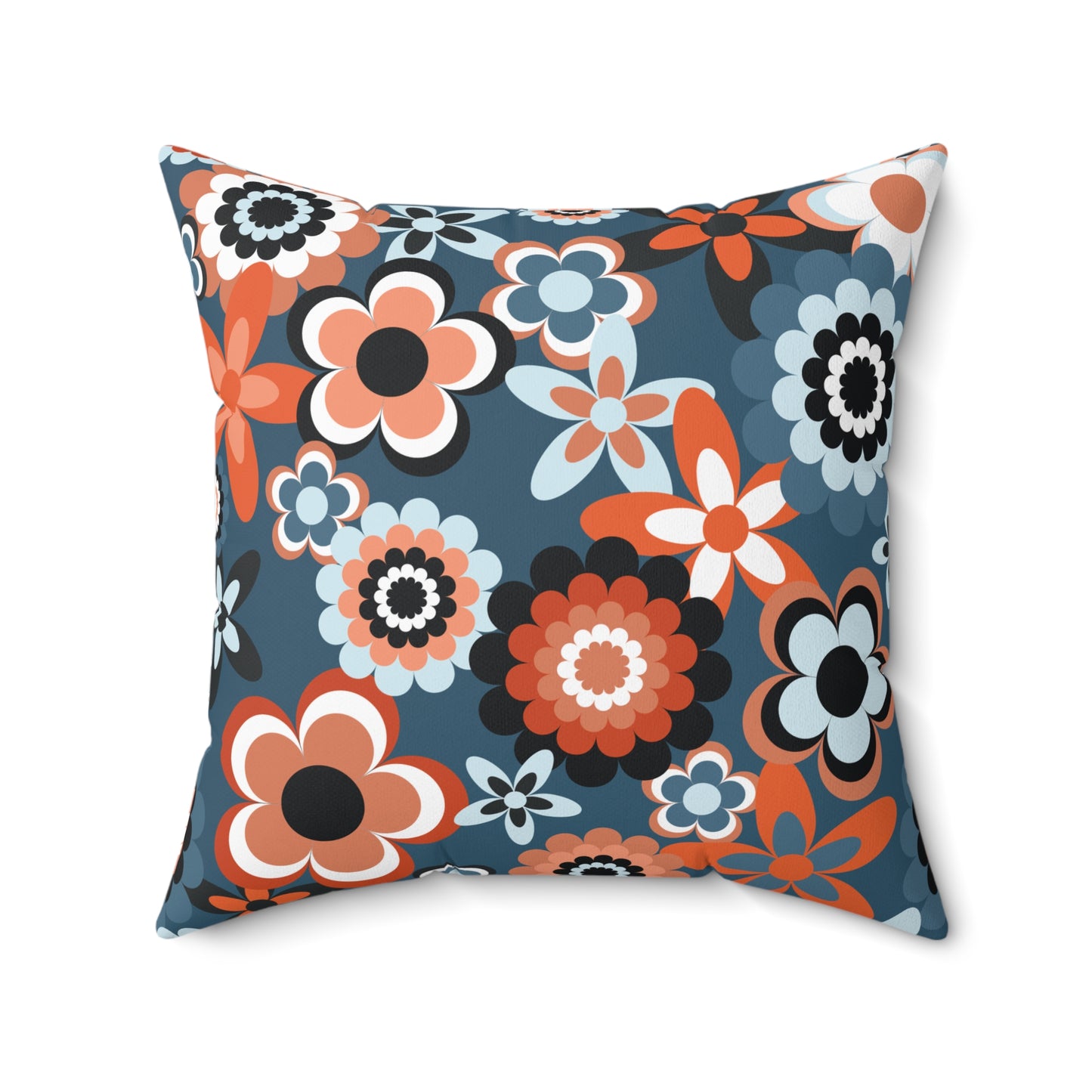 Retro 60s 70s Groovy Flowers Boho Mid Century Mod Coral & Blue Throw Pillow