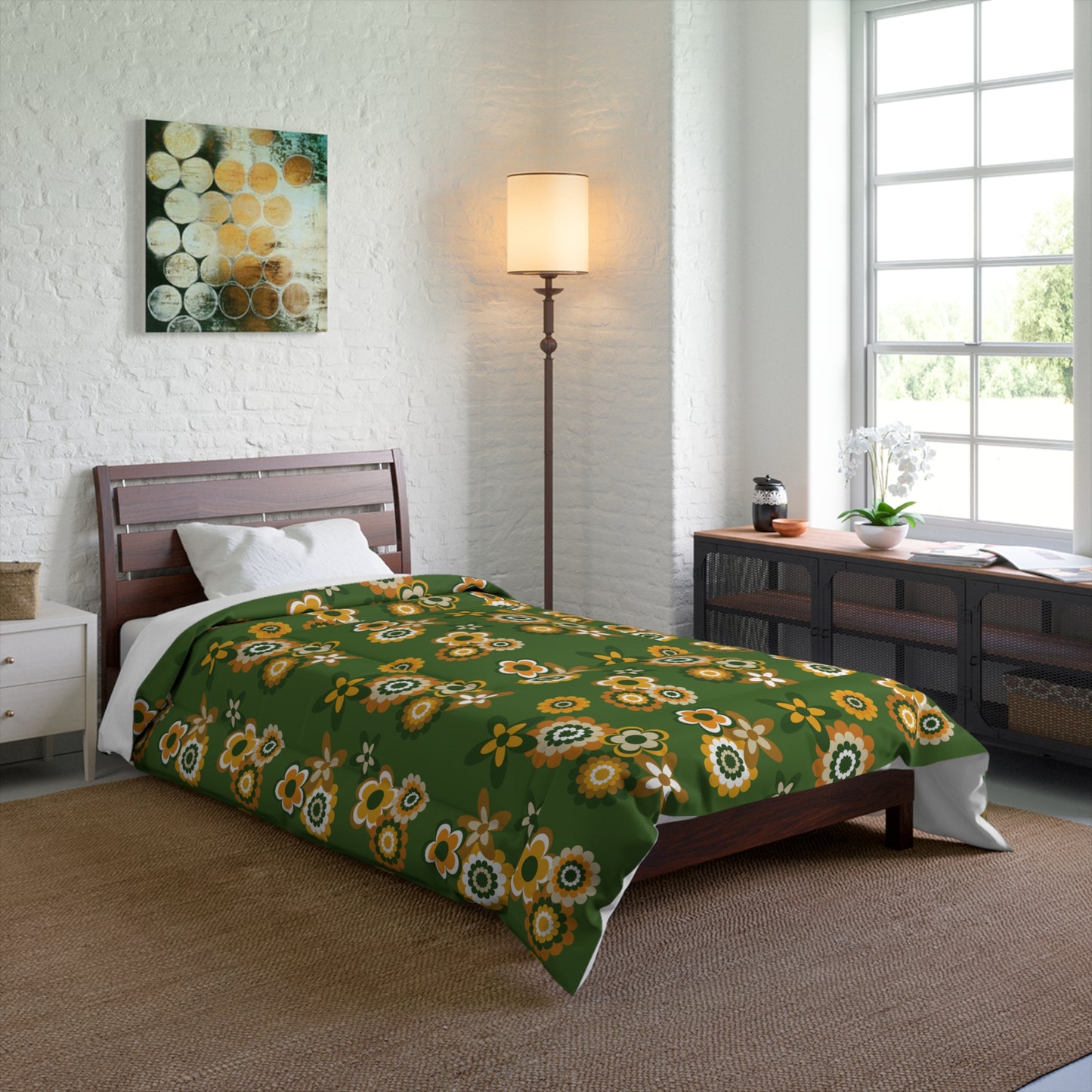 Retro 60s 70s Groovy Flowers Mid Century Mod Mustard & Green Comforter