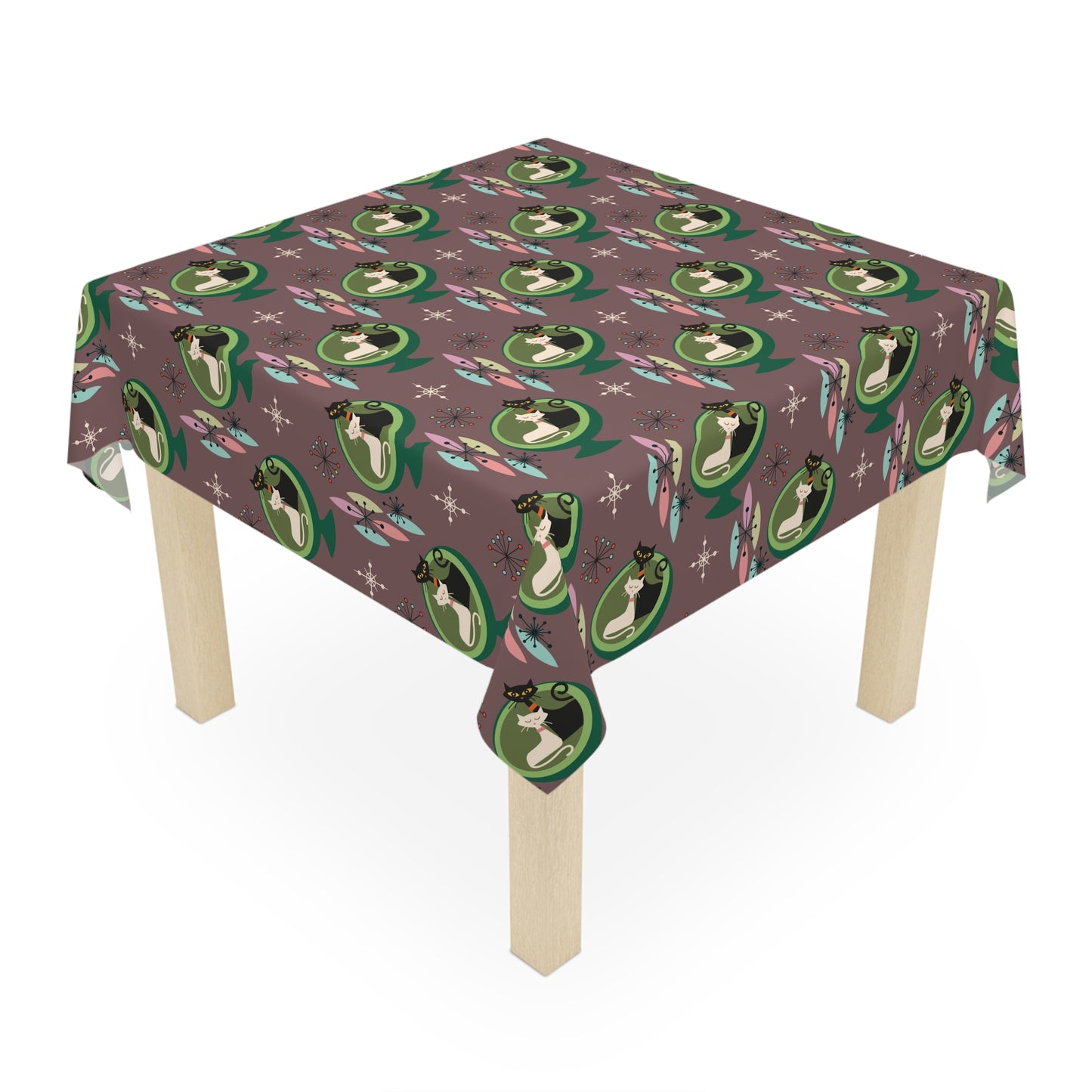 Retro 50s Space Age Atomic Cats in Ball Chair, Mid Century Mod Taupe Tablecloth