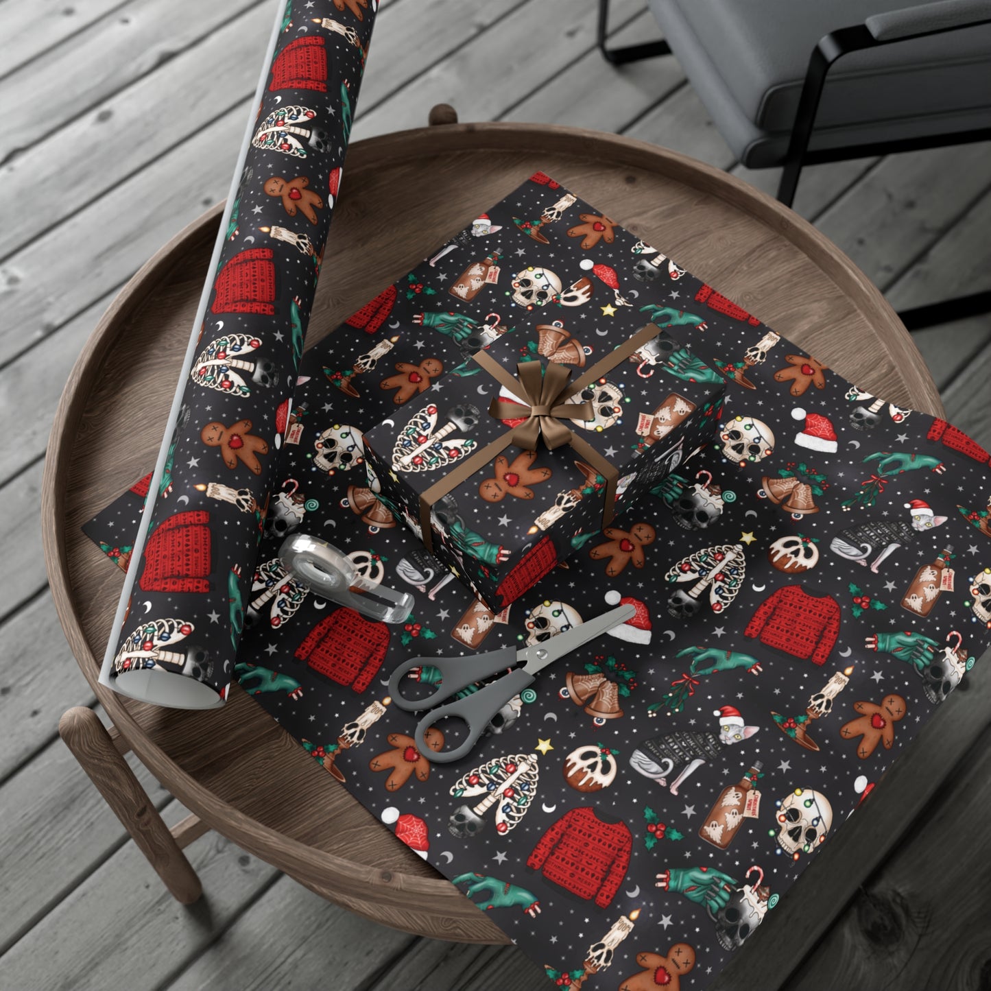 Kitschy Kawaii Goth Christmas, Creepy Cute Whimsigoth Creepmas Black Eco-Friendly Gift Wrap Paper
