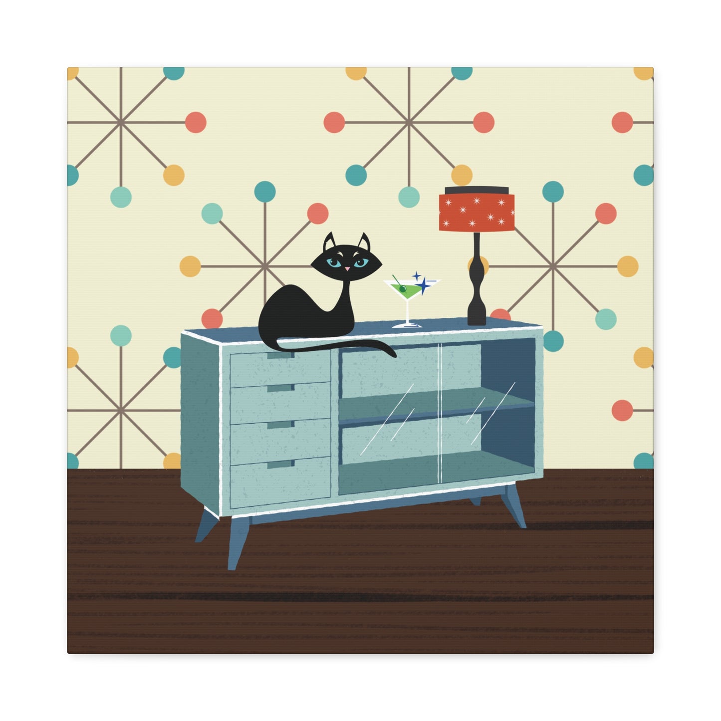 Retro 50s Atomic Cat Lounging Mid Century Mod Multicolor Canvas Gallery Wrap