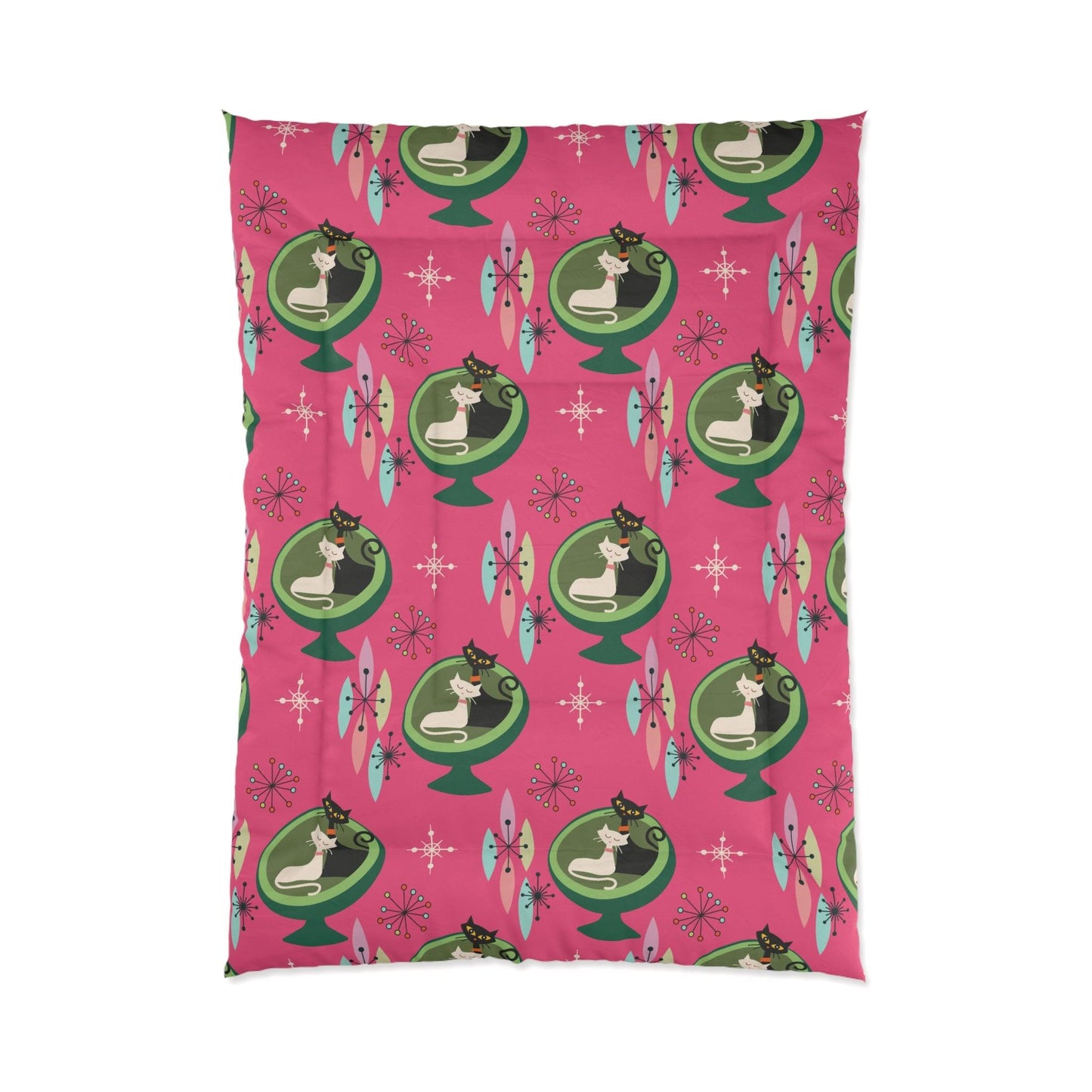 Retro 50s Atomic Cat Couple in Ball Chair Mid Century Mod Pink & Green Comforter | lovevisionkarma.com