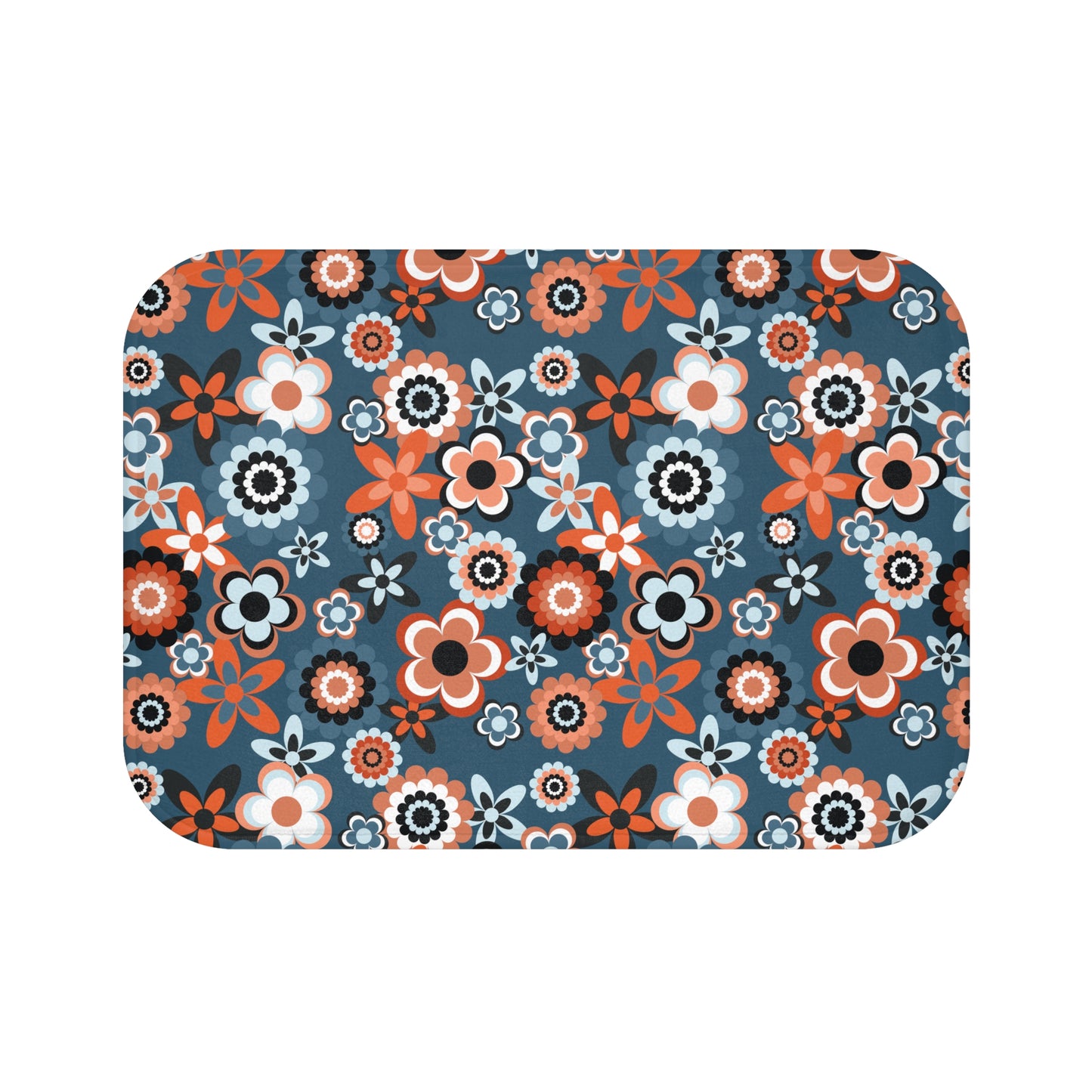 Retro 60s 70s Groovy Flowers Boho Mid Century Mod Coral & Blue Bath Mat