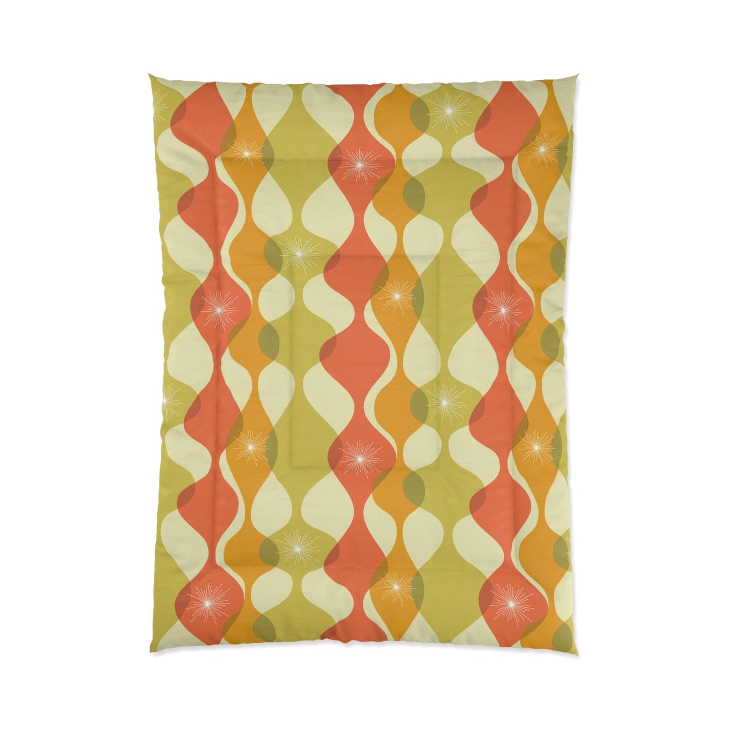 Retro 60s 70s Mid Century Mod Groovy Abstract Green, Orange & Mustard Comforter | lovevisionkarma.com