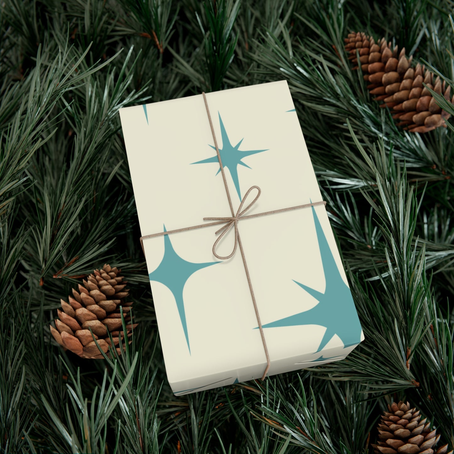Large Starburst Version of Retro Atomic Starburst MCM Off-White & Blue Gift Wrapping Paper