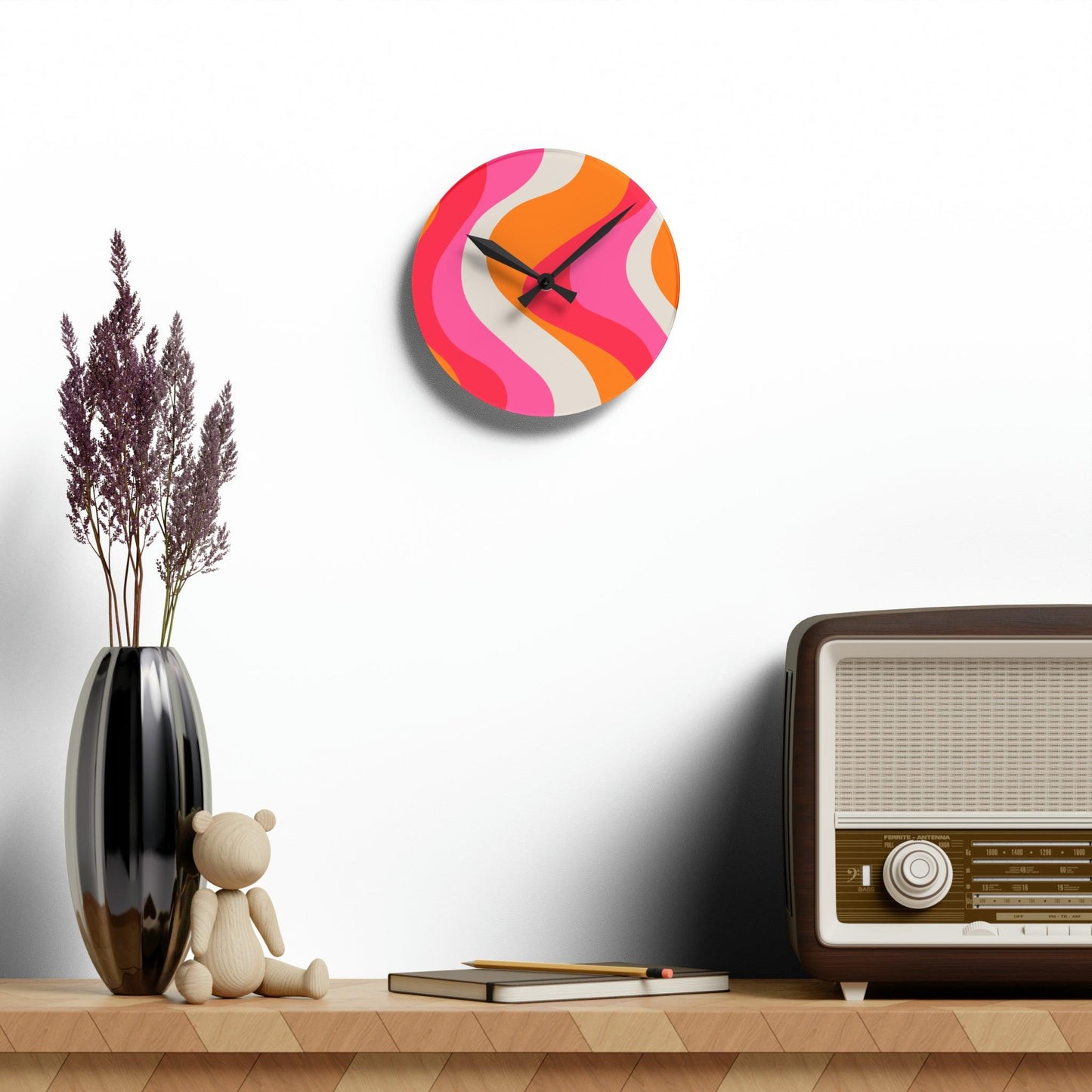 Groovy 60's Hippie Swirl Pink & Orange Mid Century Mod Acrylic Wall Clock | lovevisionkarma.com