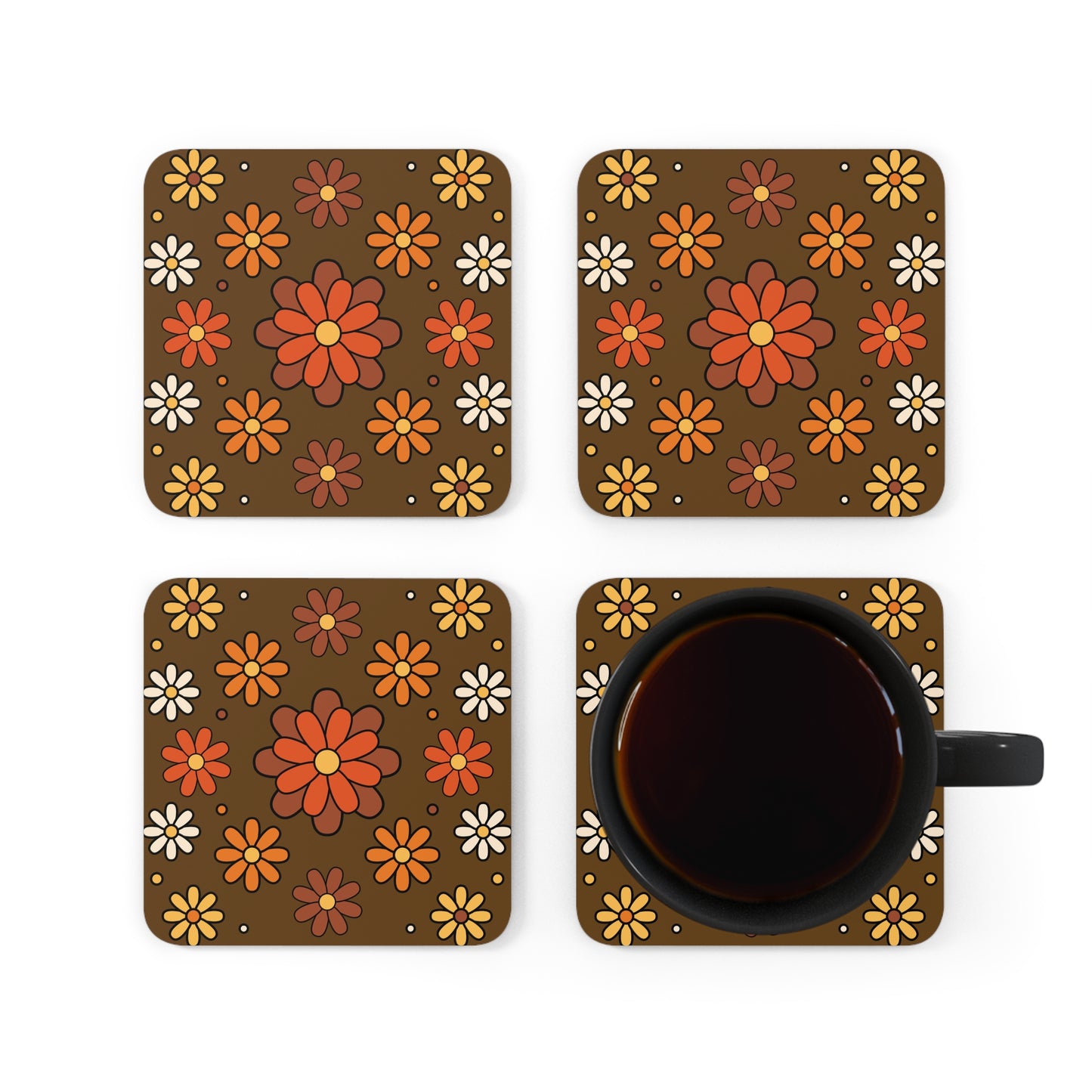 Retro 60s 70s Groovy Mod Daisy Mid Century Brown, Orange & Mustard Coaster Set
