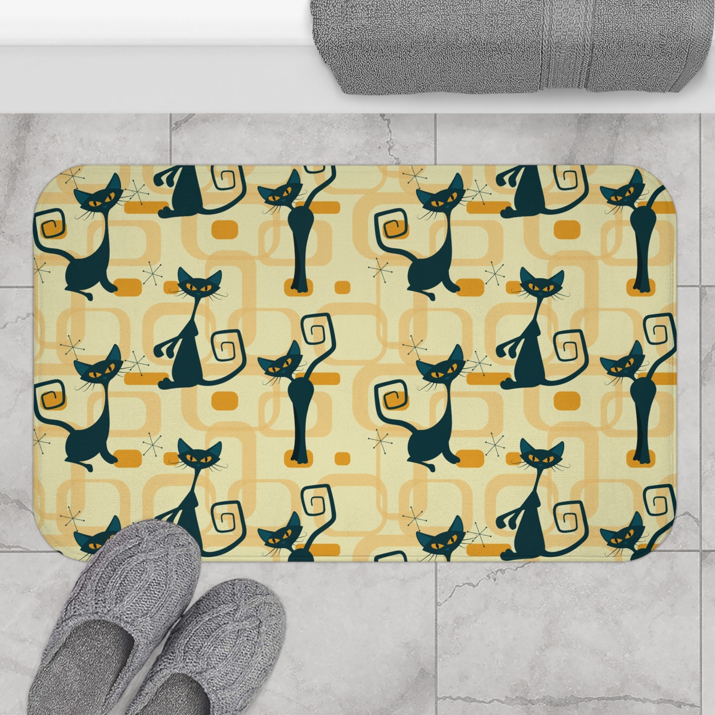 Retro Atomic Cat Mid Century Mod Yellow Bath Mat