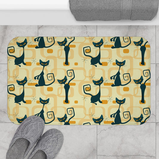 Retro Atomic Cat Mid Century Mod Yellow Bath Mat