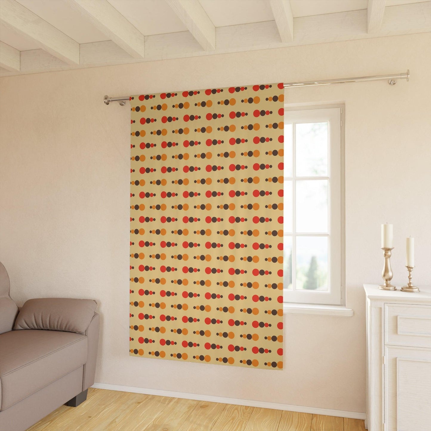 Retro 70's Funky Mid Century Modern Beige, Orange Brown Blackout Window Curtain | lovevisionkarma.com