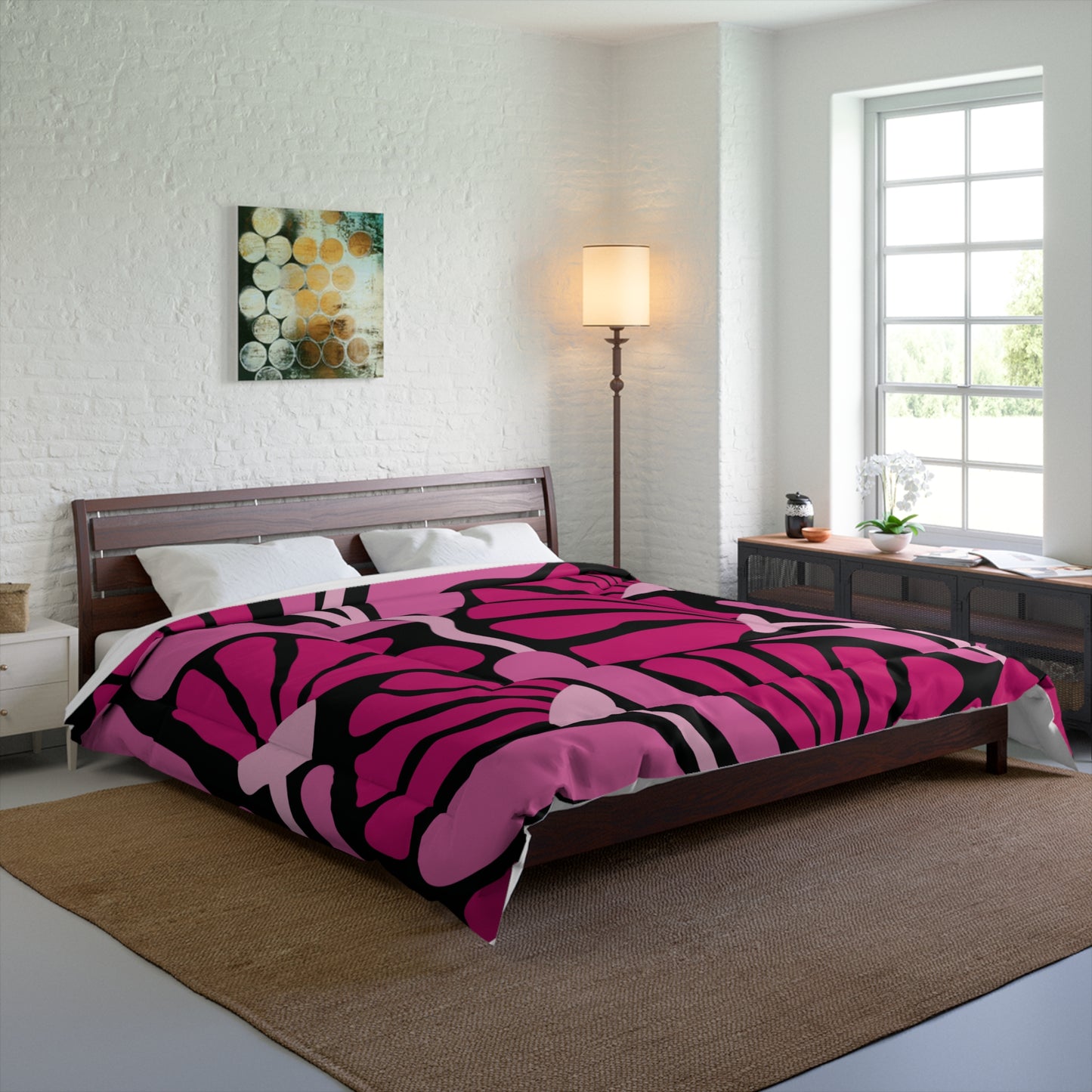 Groovy Mod Minimalist Flowers MCM Black & Pink Comforter