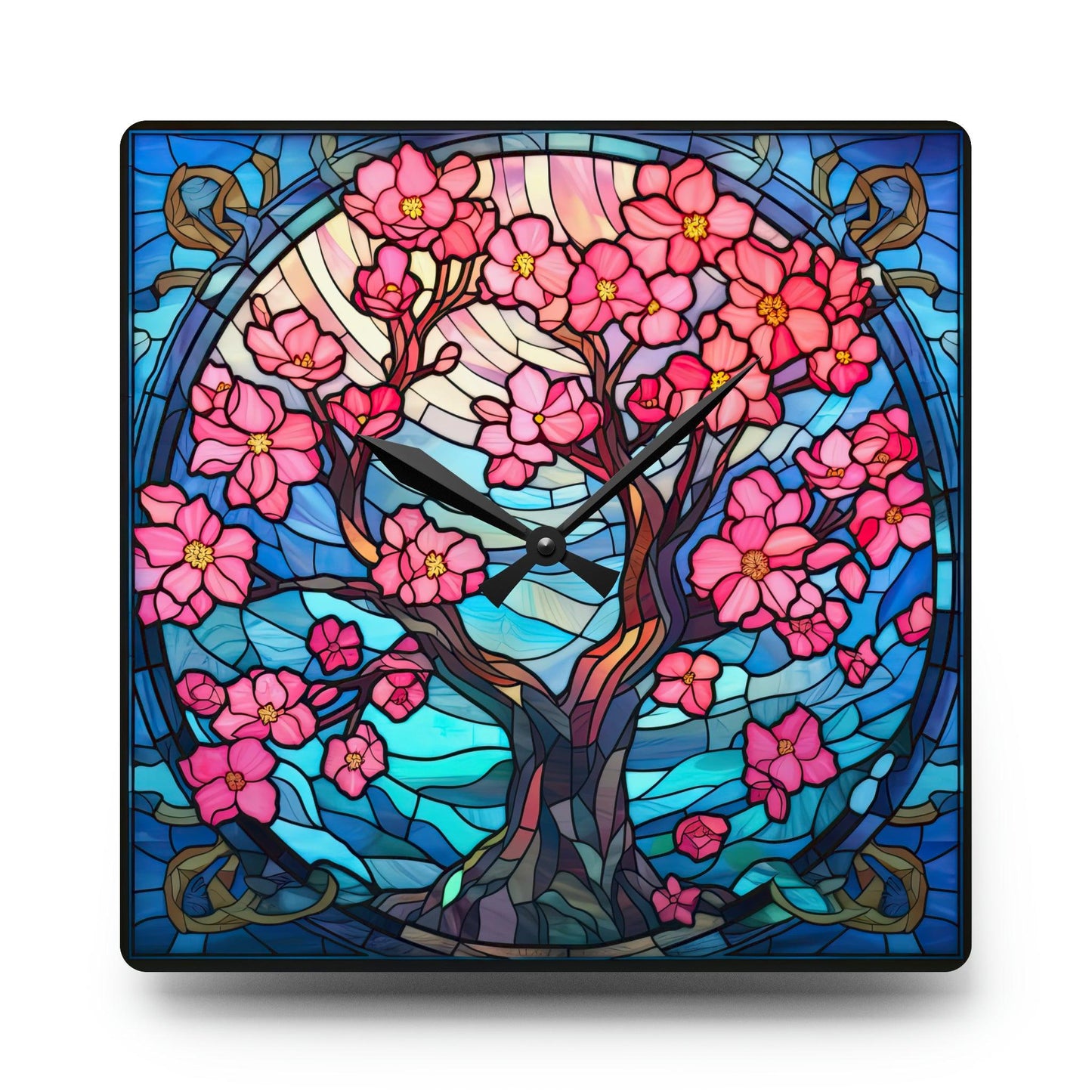 Cherry Blossom Tree Stained Glass Inspired, Sakura Pink & Blue Acrylic Wall Clock | lovevisionkarma.com
