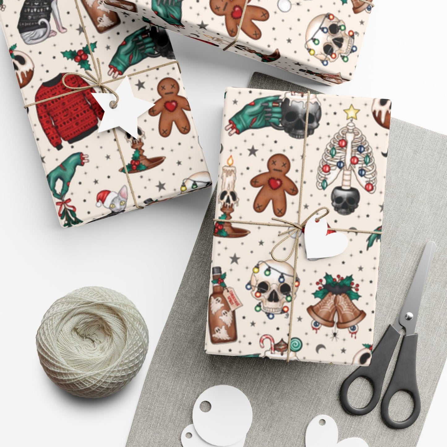 Goth Christmas Kitsch Skulls, Cats & Zombie Hands Multicolor Eco-Friendly Gift Wrap Paper | lovevisionkarma.com