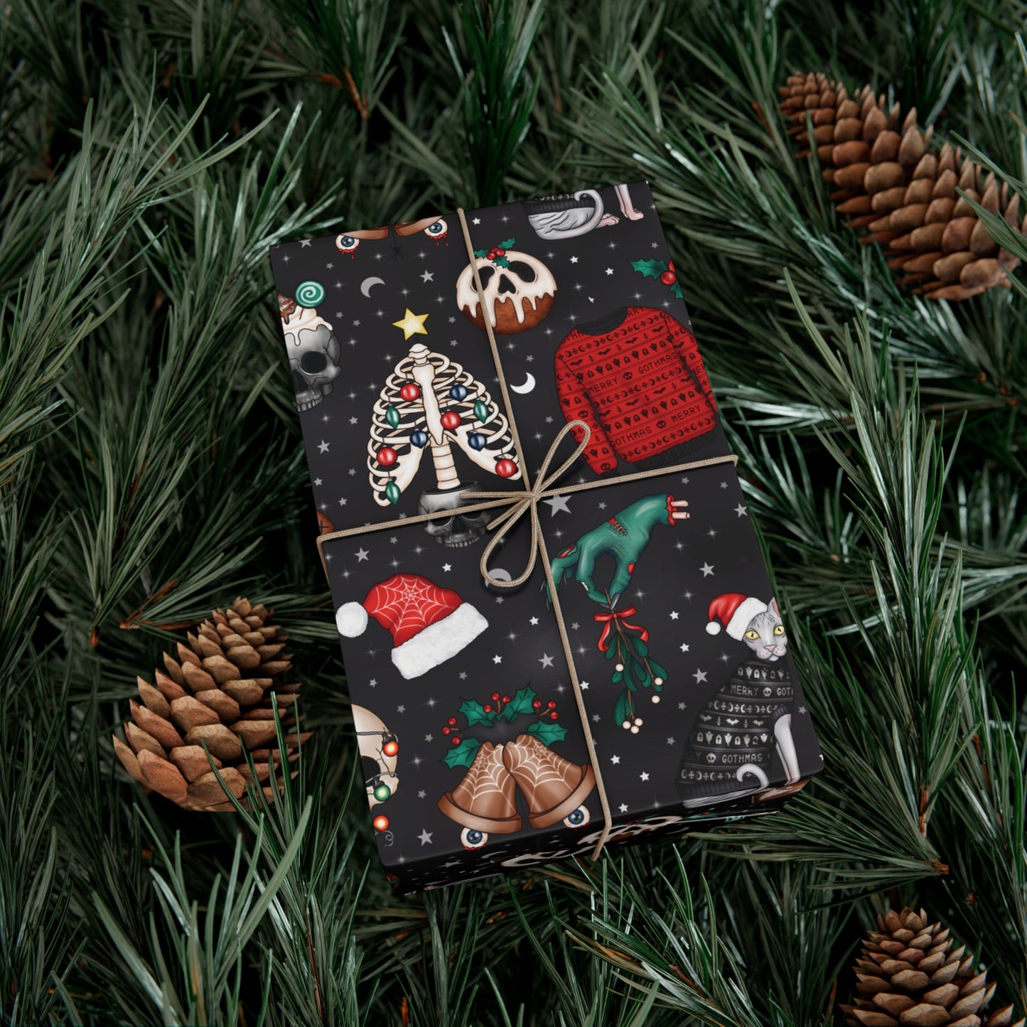 Kitschy Kawaii Goth Christmas, Creepy Cute Whimsigoth Creepmas Black Eco-Friendly Gift Wrap Paper