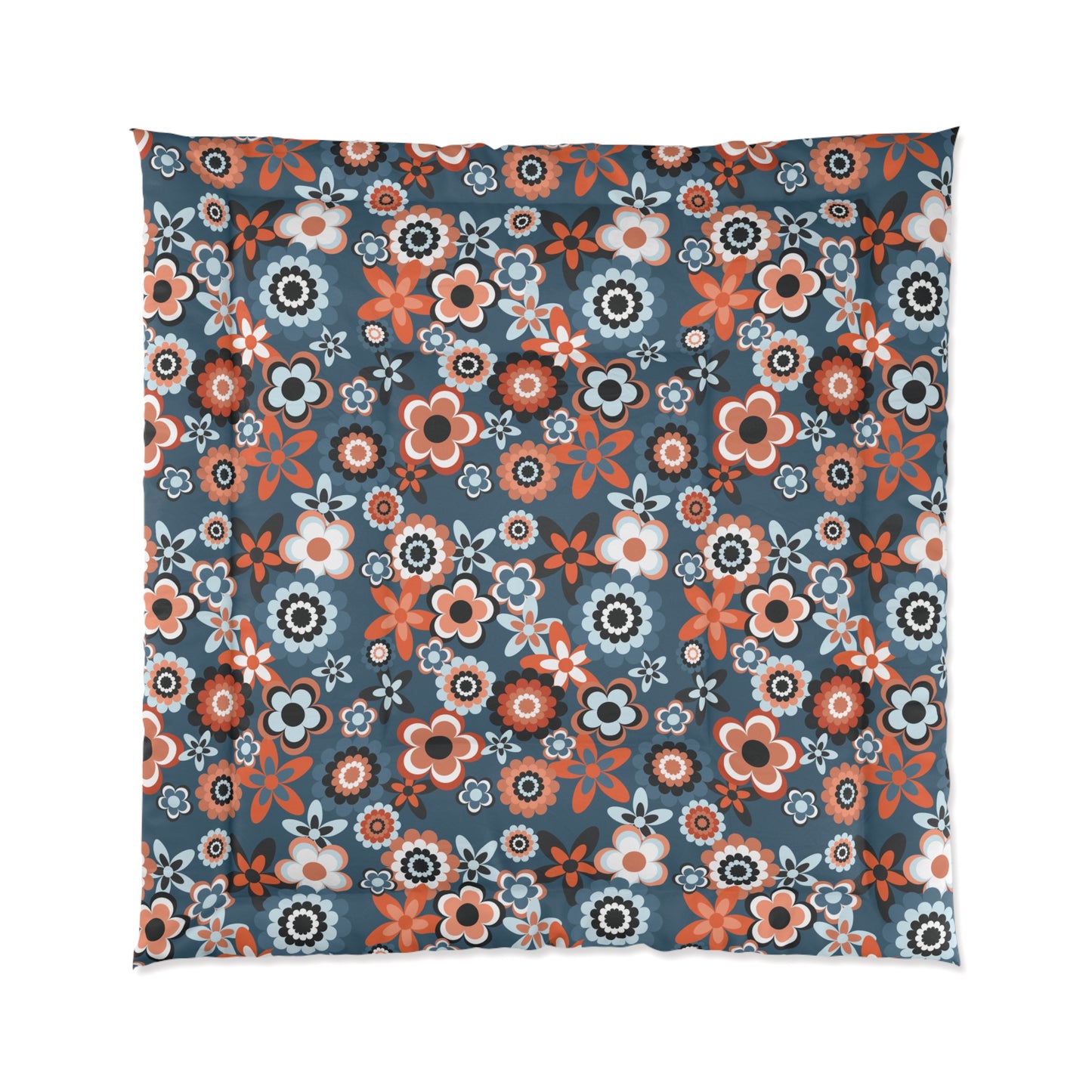 Retro 60s 70s Groovy Flowers Mid Century Mod Coral & Blue Comforter