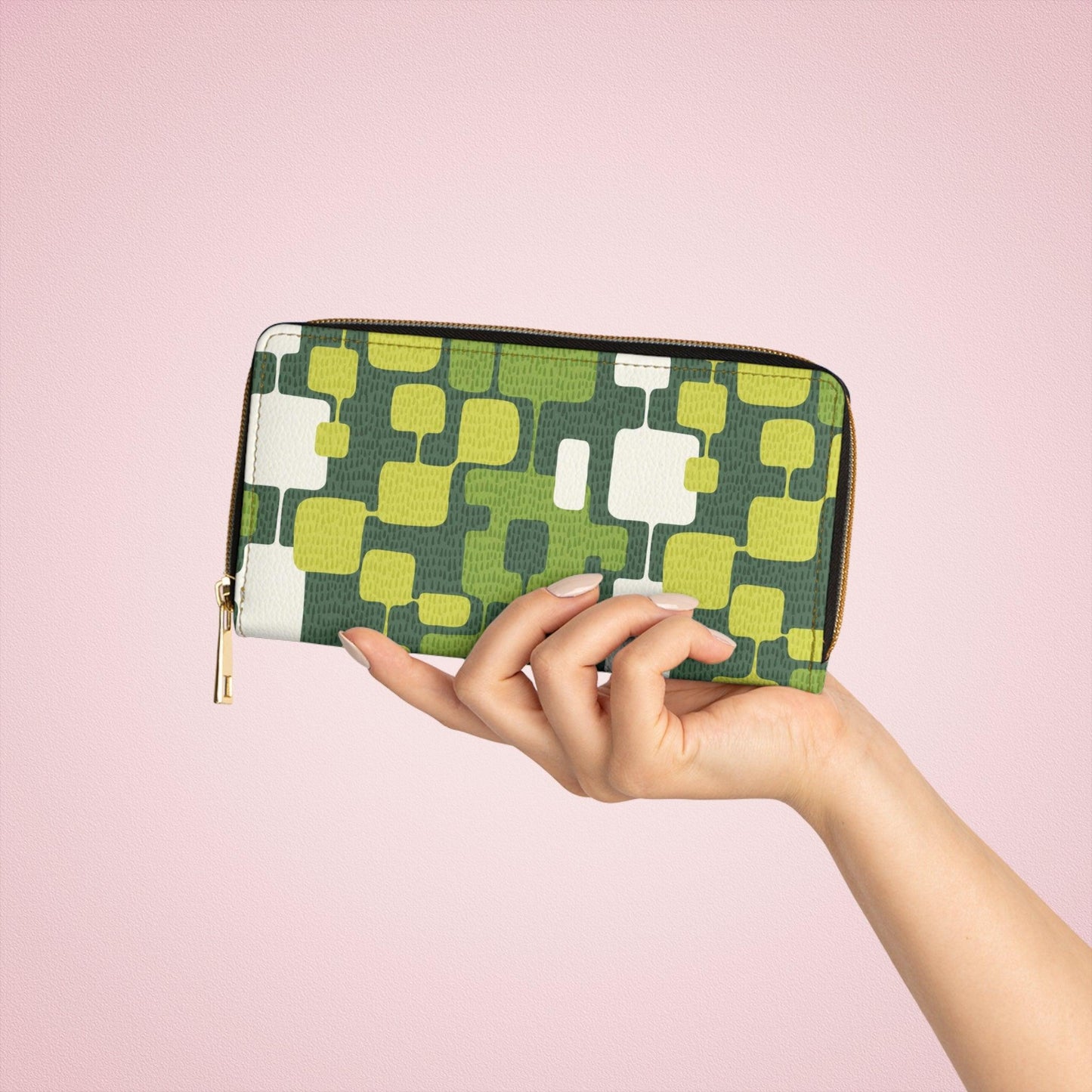 Retro 60s Groovy Abstract Mid Century Green Zipper Wallet | lovevisionkarma.com