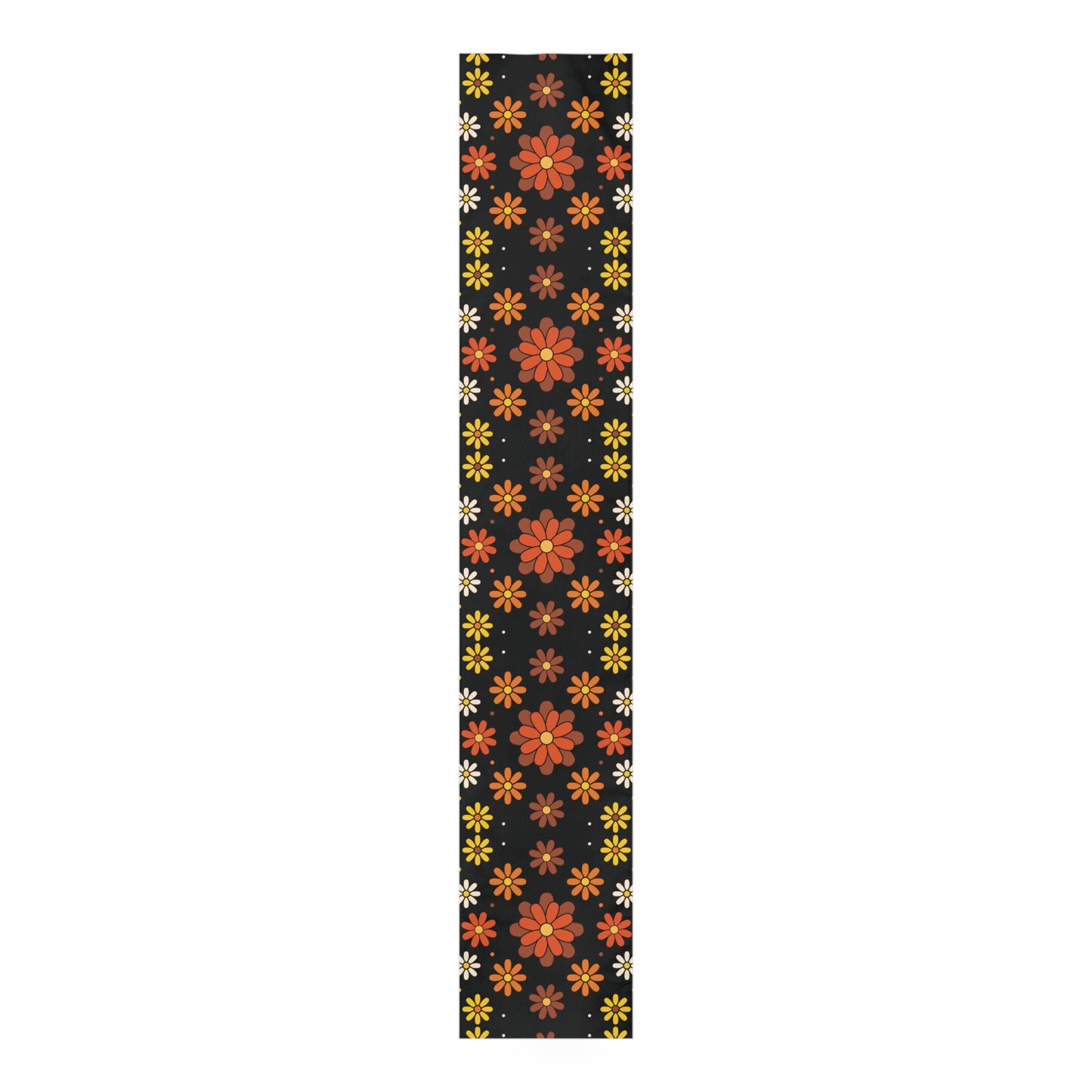 Retro 60s 70s Groovy Mod Daisy Floral Mid Century Black, Brown & Orange Table Runner