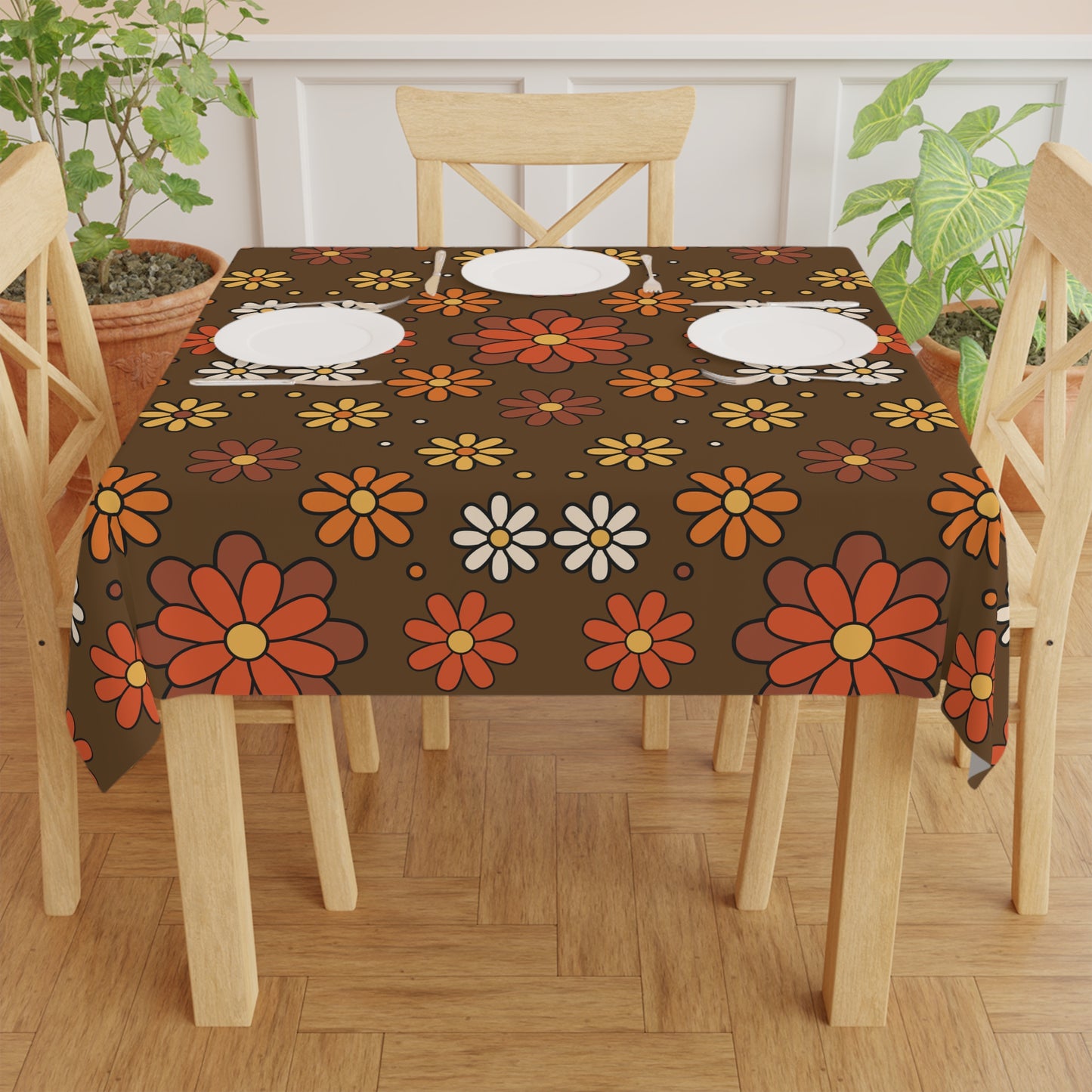 Retro 60s 70s Groovy Mod Daisy, Floral Mid Century Brown & Orange Tablecloth
