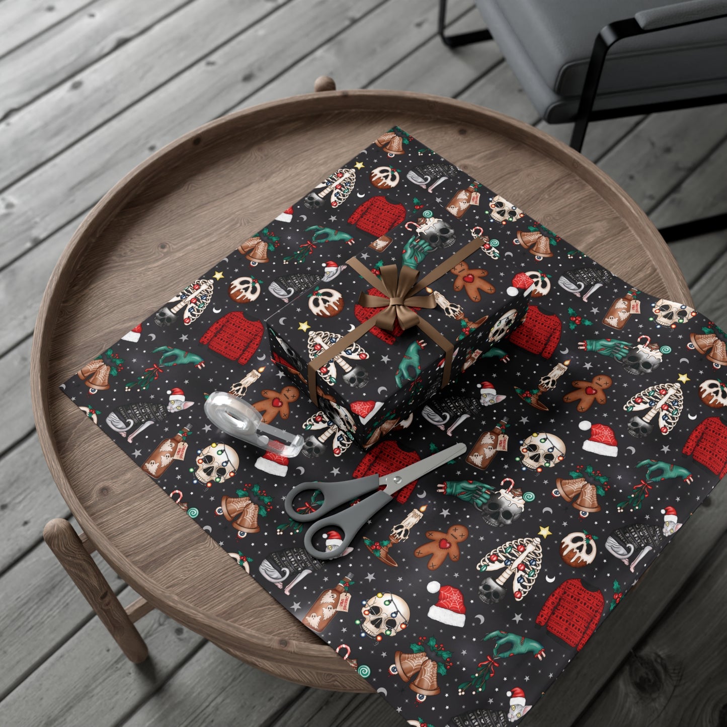Kitschy Kawaii Goth Christmas, Creepy Cute Whimsigoth Creepmas Black Eco-Friendly Gift Wrap Paper