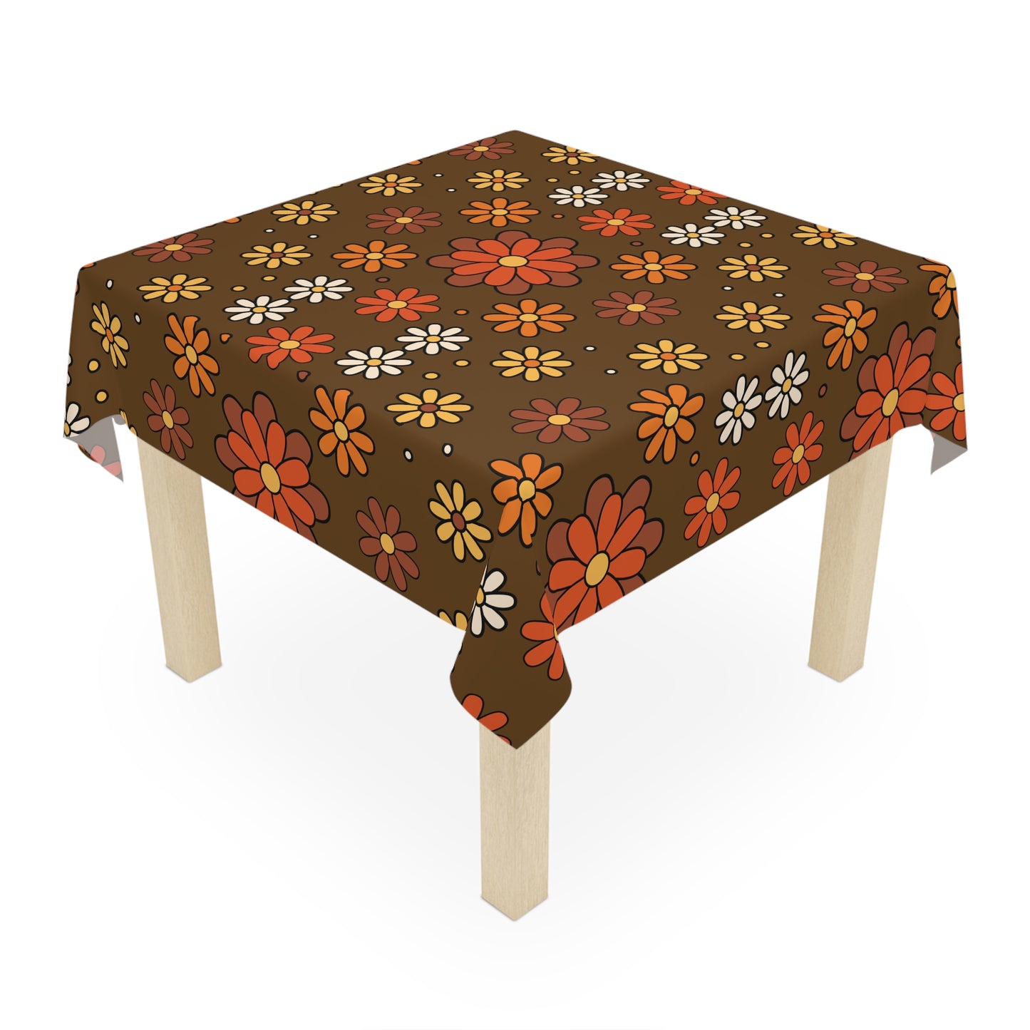 Retro 60s 70s Groovy Mod Daisy, Floral Mid Century Brown & Orange Tablecloth