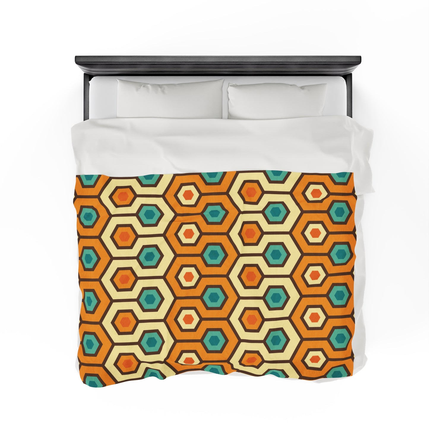 Retro 60s 70s Mid Century Mod Hexagon Orange Velveteen Lightweight Blanket