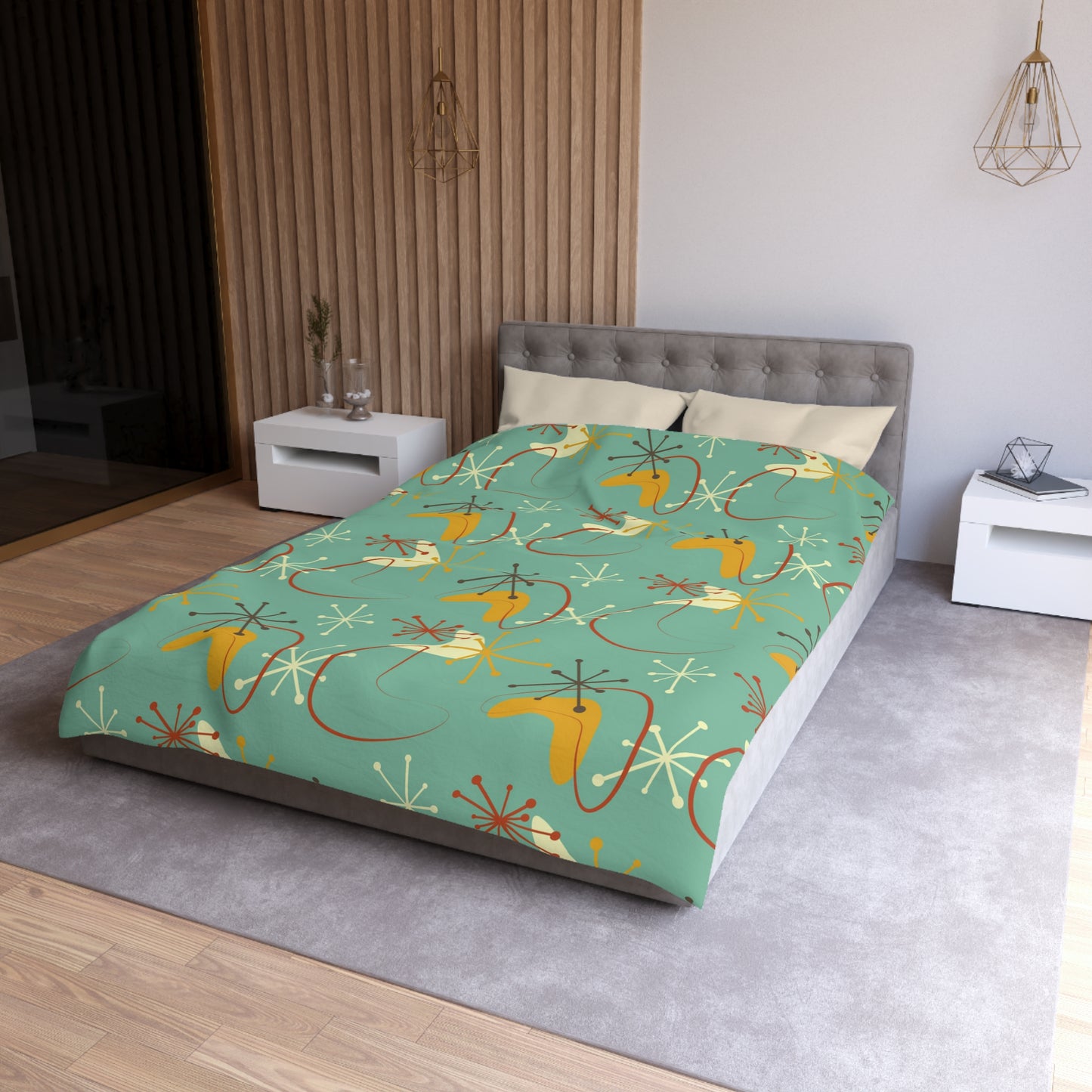Retro Atomic Starburst & Boomerang Mid Century Blue & Mustard Duvet Cover