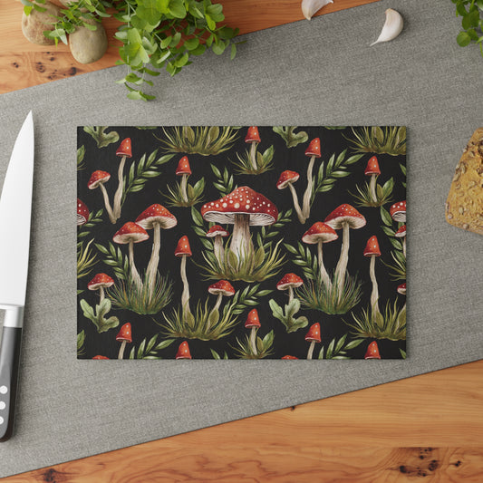 Amanita Muscaria Mushroom, Boho Dark Cottagecore Watercolor Black, Red & Green Glass Cutting Board