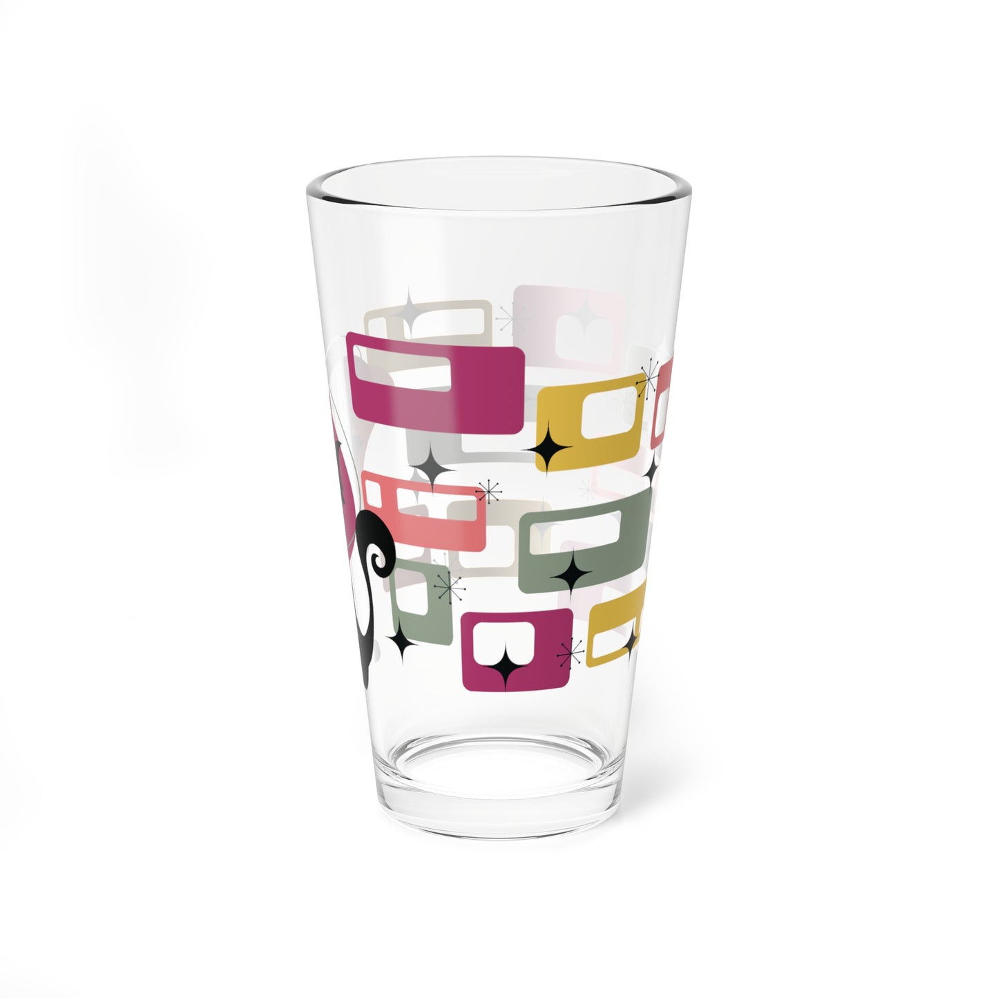 Retro 50s Atomic Black Cat Mid Century Modern Pink, Green & Yellow Pint Glass