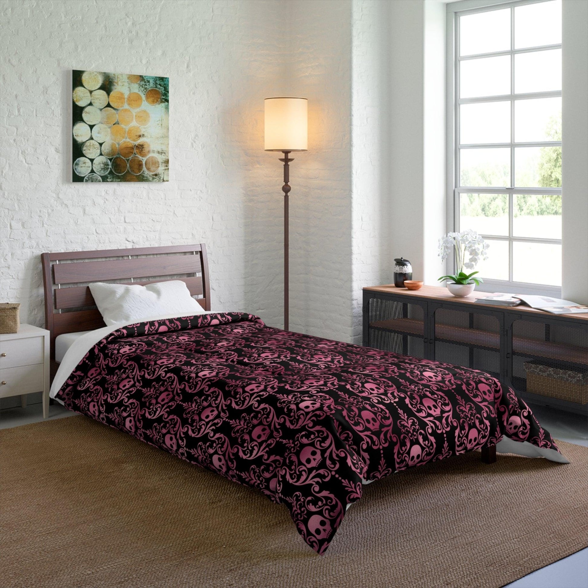 Goth Pink Skull Damask Halloween Glam Goth Black Comforter | lovevisionkarma.com
