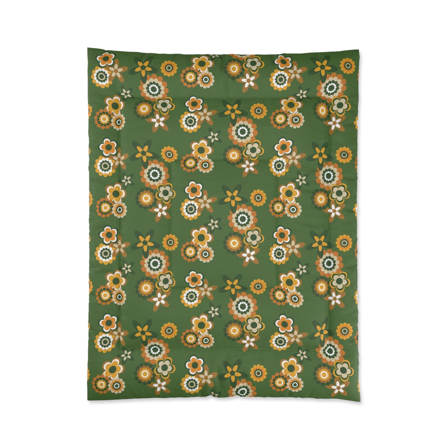 Retro 60s 70s Groovy Flowers Mid Century Mod Mustard & Green Comforter