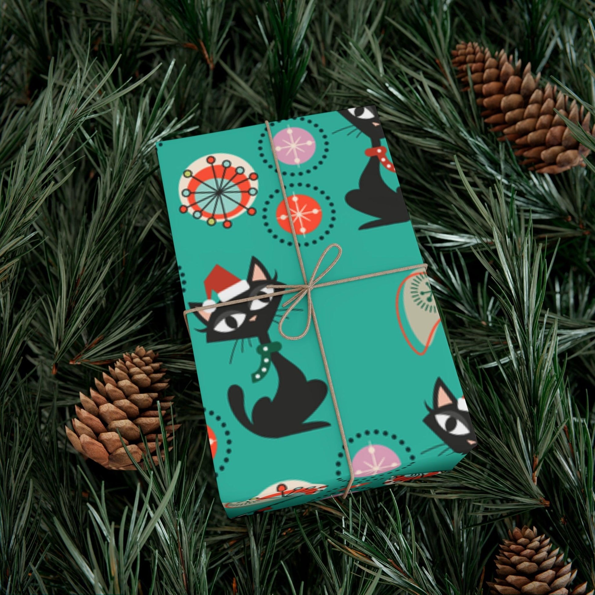 Retro 50's Atomic Cat Christmas Kitschy Mid Century Modern Teal Blue Eco-Friendly Wrapping Paper | lovevisionkarma.com