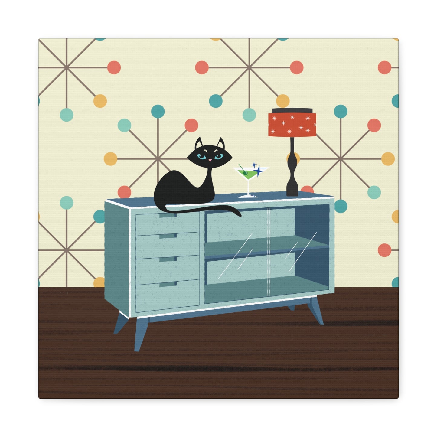 Retro 50s Atomic Cat Lounging Mid Century Mod Multicolor Canvas Gallery Wrap