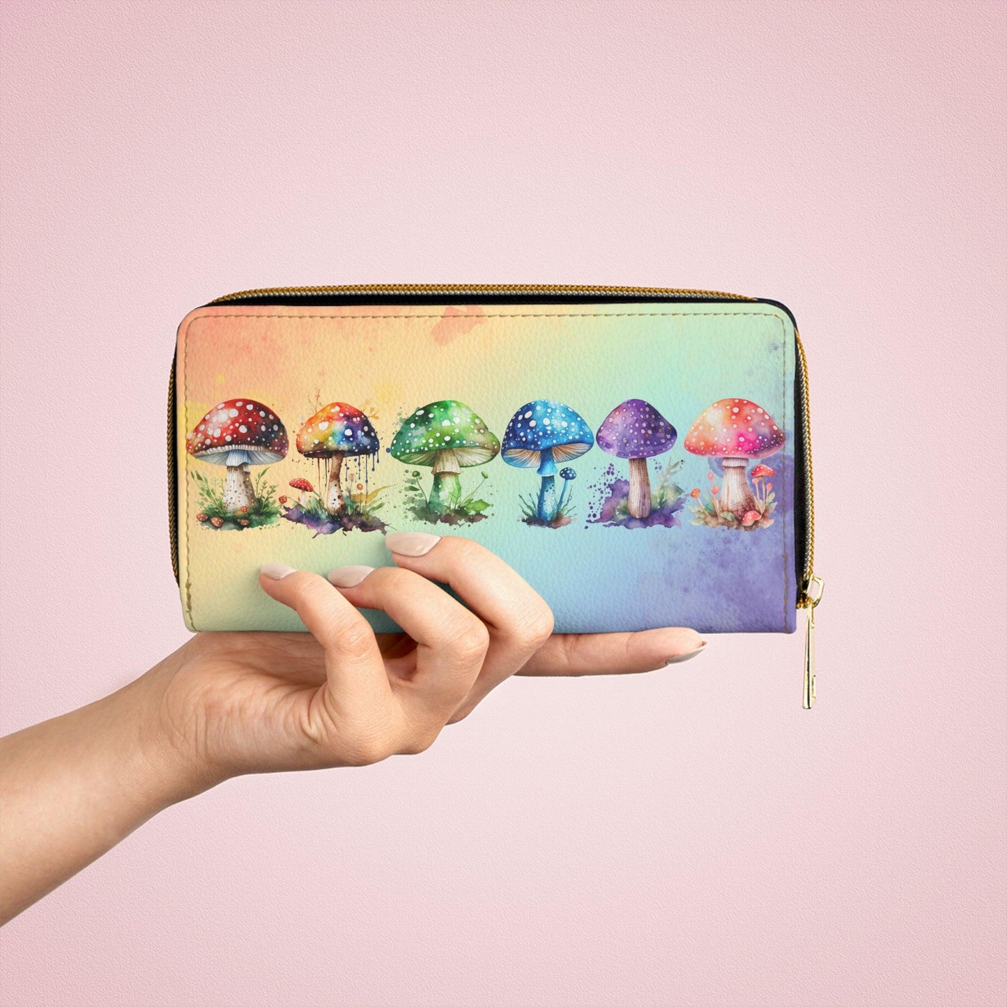 Rainbow Mushrooms Colorful Watercolor Multicolor Zipper Wallet | lovevisionkarma.com