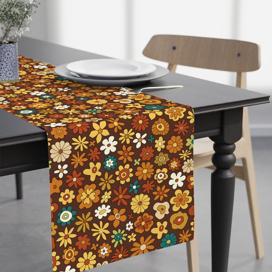 Retro 60s 70s Groovy Floral Mid Century Modern Brown Table Runner